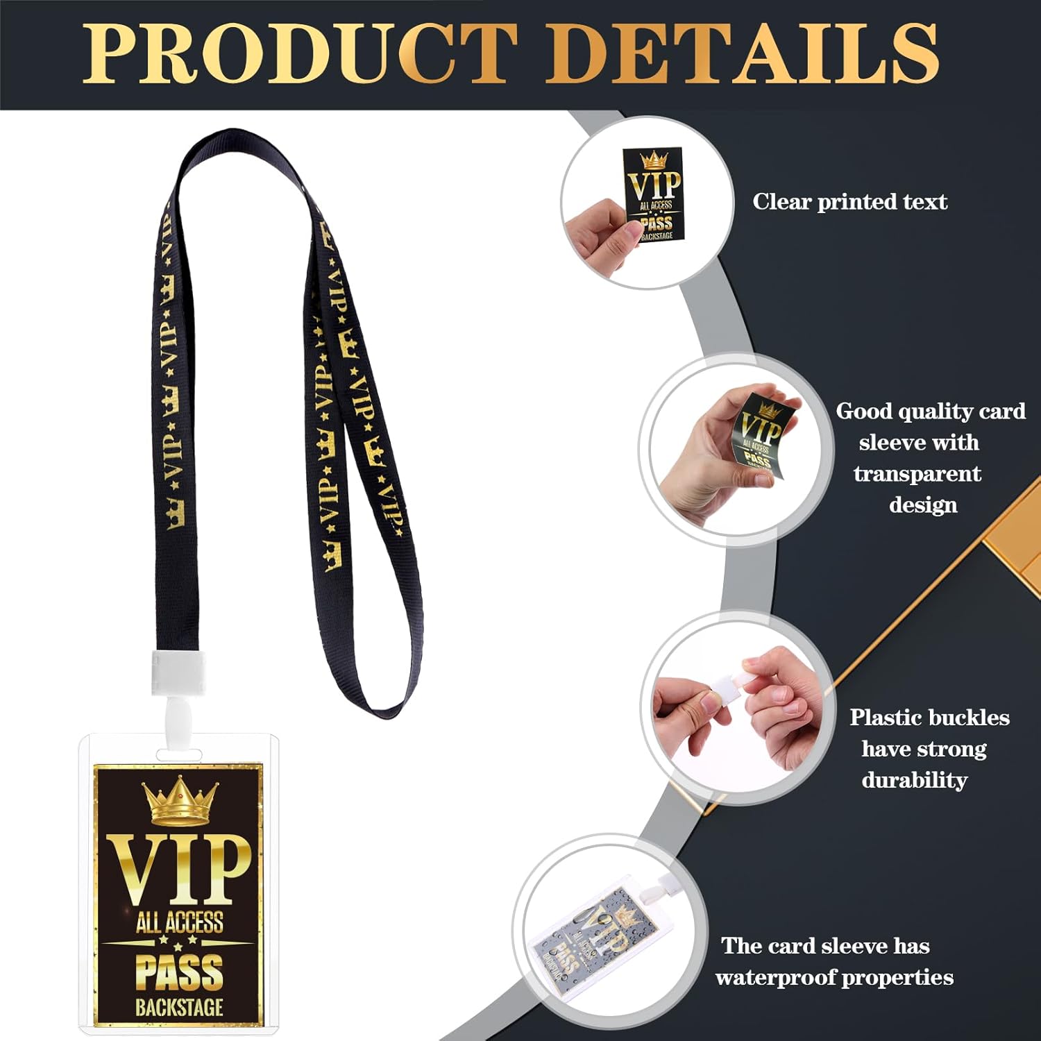 VIP Badge Lanyards Plastic Clear VIP Backstage Pass Cards Bulk with Black Breakaway Lanyard for Quince Concert Event Birthday Award Movie Night Party Organizer (50)