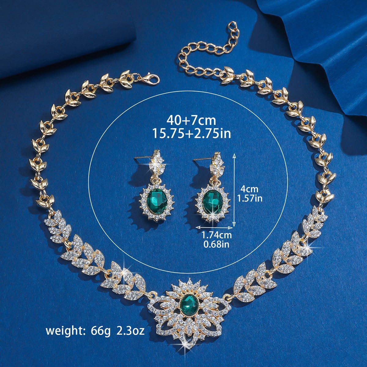 Xerling Chunky Statement Rhinestone Necklace Earrings Floral Crystal Pendant Gold Leaf Chain Necklace Green Oval Earrings Jewelry Set Bridal Wedding Accessory for Brides Women Gifts - Image 5