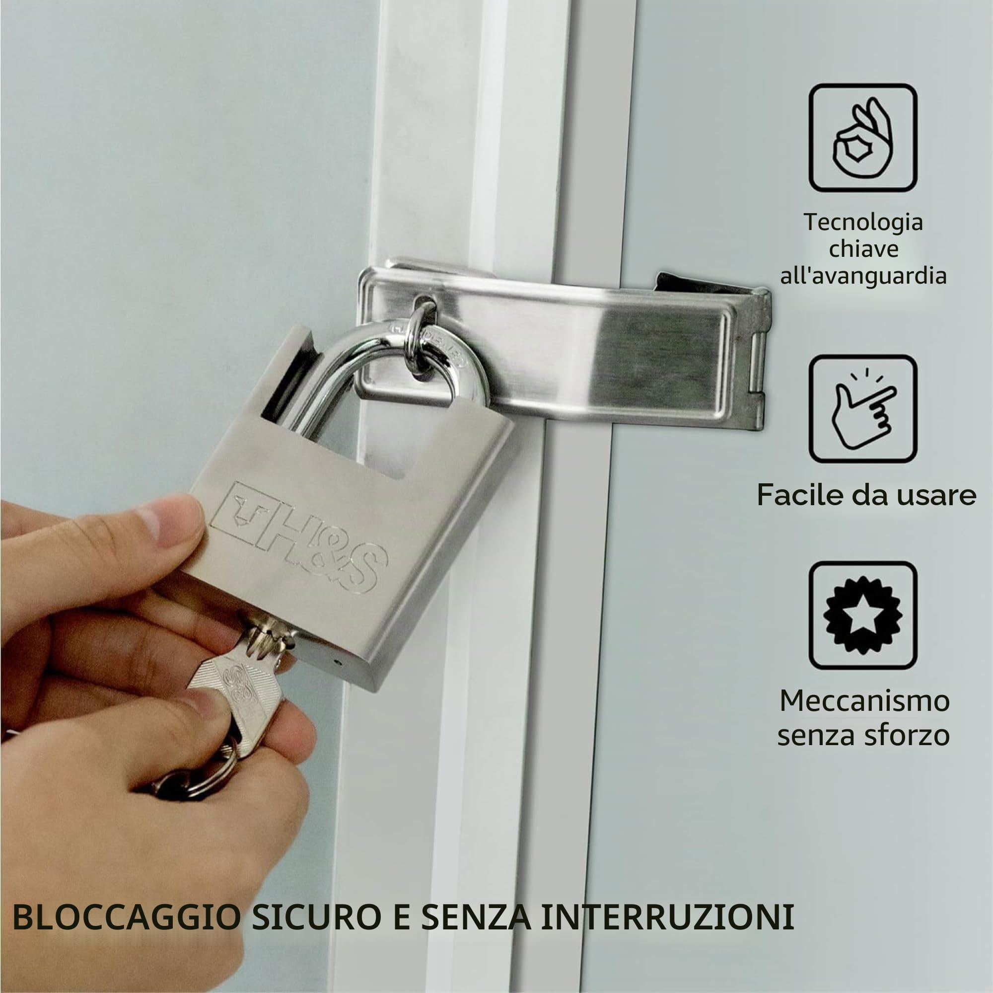 H&S Lucchetto Antiscasso Corazzato - Lucchetto Moto e Bici Alta Sicurezza - Catenaccio Grande per Catena da 60 mm con 5 Chiavi - Chiusura Porta e Cancello Esterno