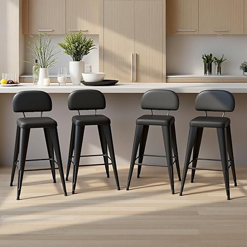 Counter Height Bar Stools Set of 4, Bar Stool with Soft Cushion Low Backrest Modern Barstools for Kitchen Island or Bar, Black, 26 Inch