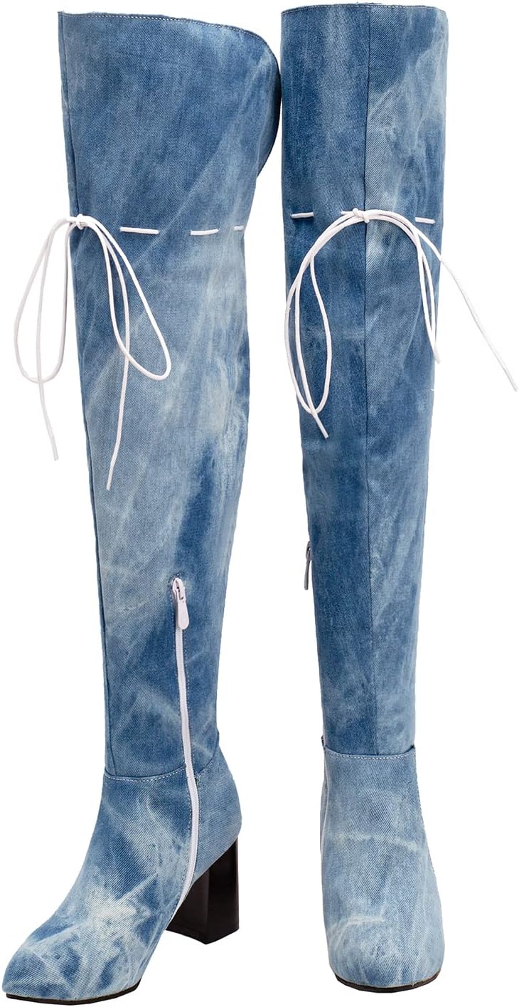 SHODENSE Women Over the Knee Thigh High Stretchy Boots Lace Up Chunky Block Heel Side Zipper Elastic Long Jean Boots Sexy Round Toe Pull On 3 Inch Heels Denim Winter Fall Tall Boot Velvet 4-15 M US