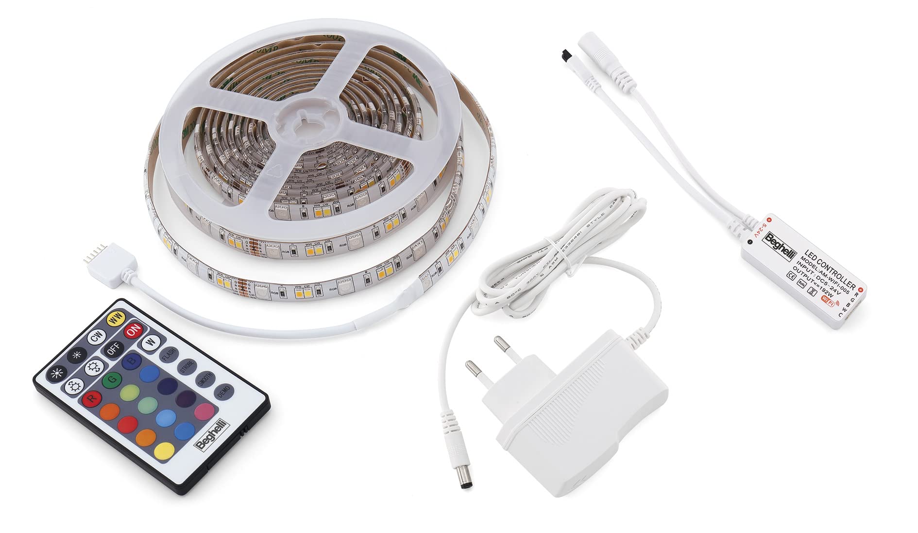 Beghelli - Striscia LED 5M 12W RGB+W CCT WiFi, Luminosa Compatibile con Alexa & App, Facile Installazione, Regolazione Luce Calda e Fredda, Dom STRIPLED, Include Telecomando, Bianco, 1 Unità