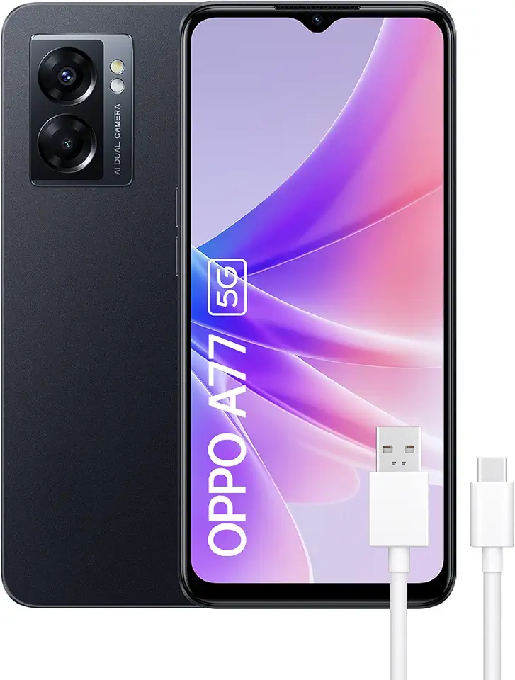 OPPO A77 5G - Teléfono Móvil Libre, 6GB+128GB, Cámara 48+2MP, Smartphone Android, Batería 5000mAh, Batería 5000mAh, Carga Rápida 33W, Dual SIM - Negro