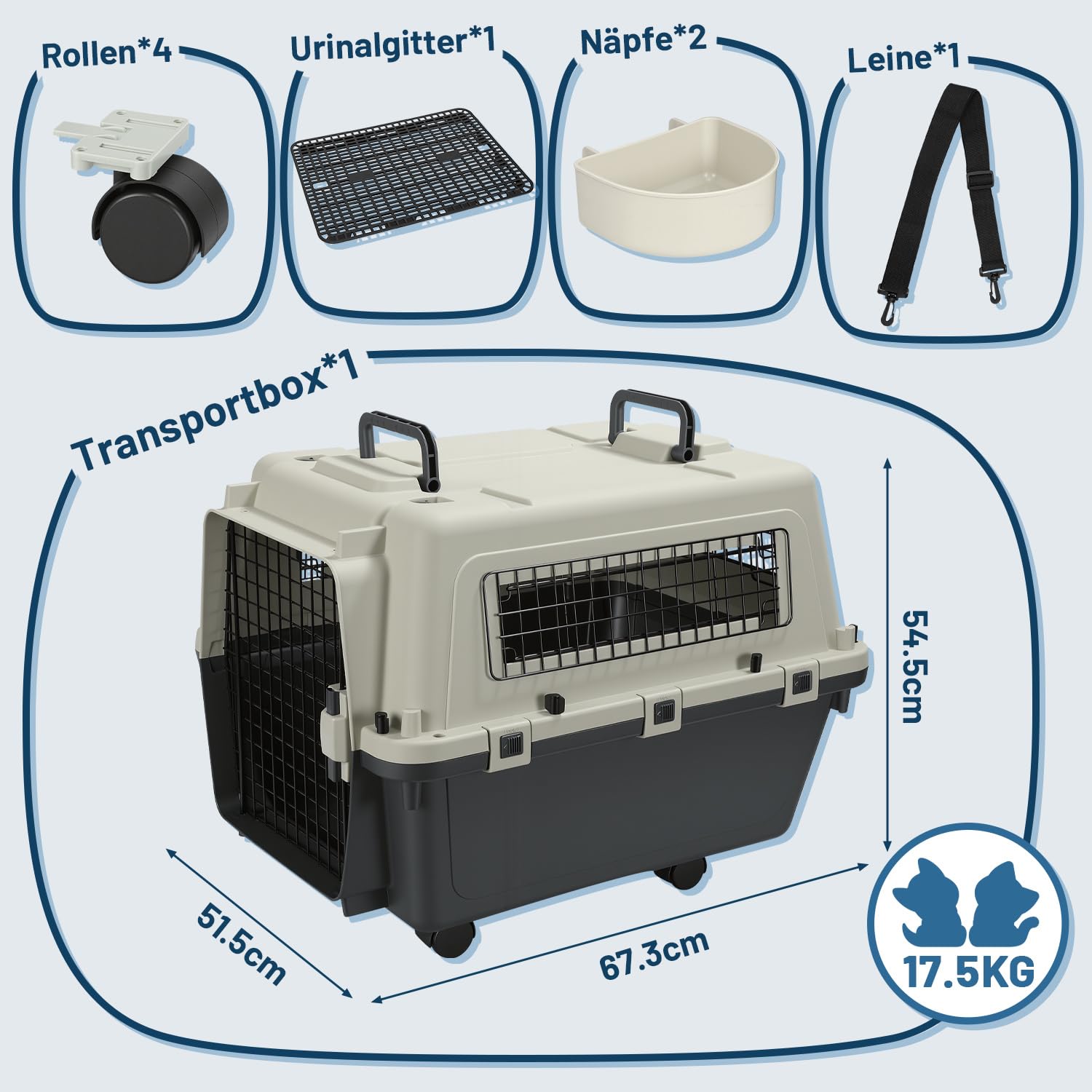 Hundetransportbox bis 17,5 kg mit Rädern, 67,3x54,9x51,5 cm, Flugzeugtaugliche Pet Transportbox für Hunde & Katzen, Inkl. Urinablauf, 2 Näpfe & Leine