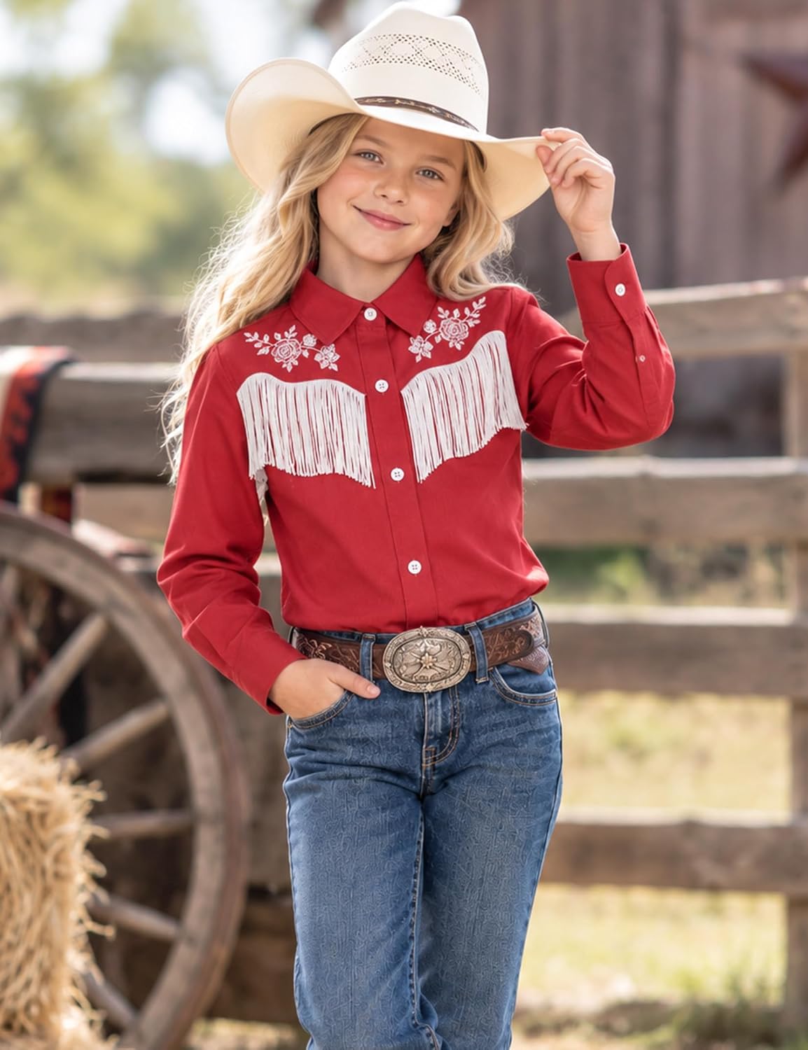 YesFashion Girls Western Fringe Blouse Long Sleeve Floral Embroidery Button Down Shirt