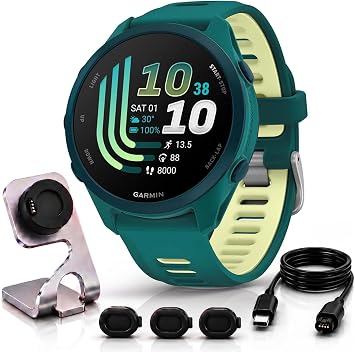 Garmin Forerunner 170 Music, 1.2" AMOLED GPS Running Watch, On-Watch Music, 10-Day Battery, Teal Green/Citron, 010-03920-12 w/Deco Essentials Charging Dock, 3-Pack Dust Cover & USB-C Cable