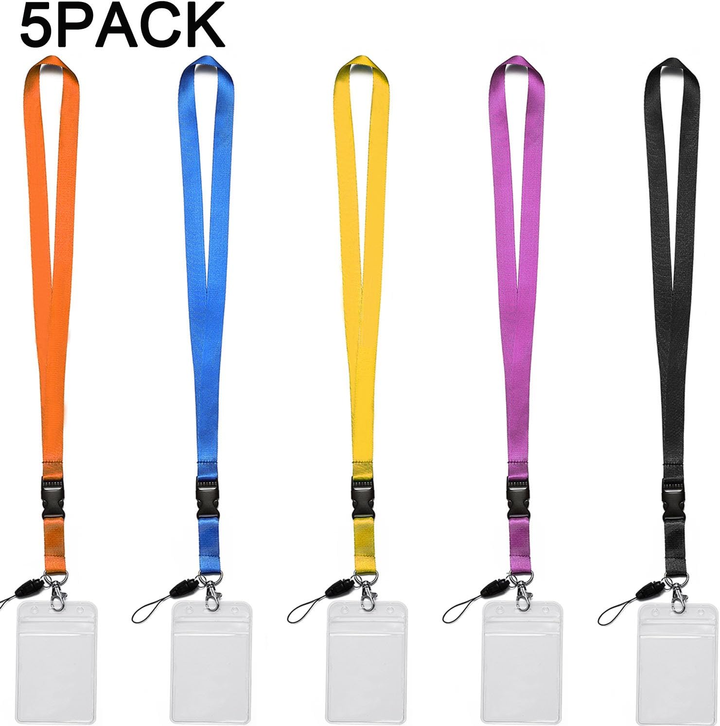 YOUOWO 5 Pack Neck Detachable Buckle Hook Breakaway Lanyards with Clear Vertical Badge Holder,for Office Keys Women Men Cell Phones USB Whistles, Black,Blue,Yellow,Orange,Purple - Image 2