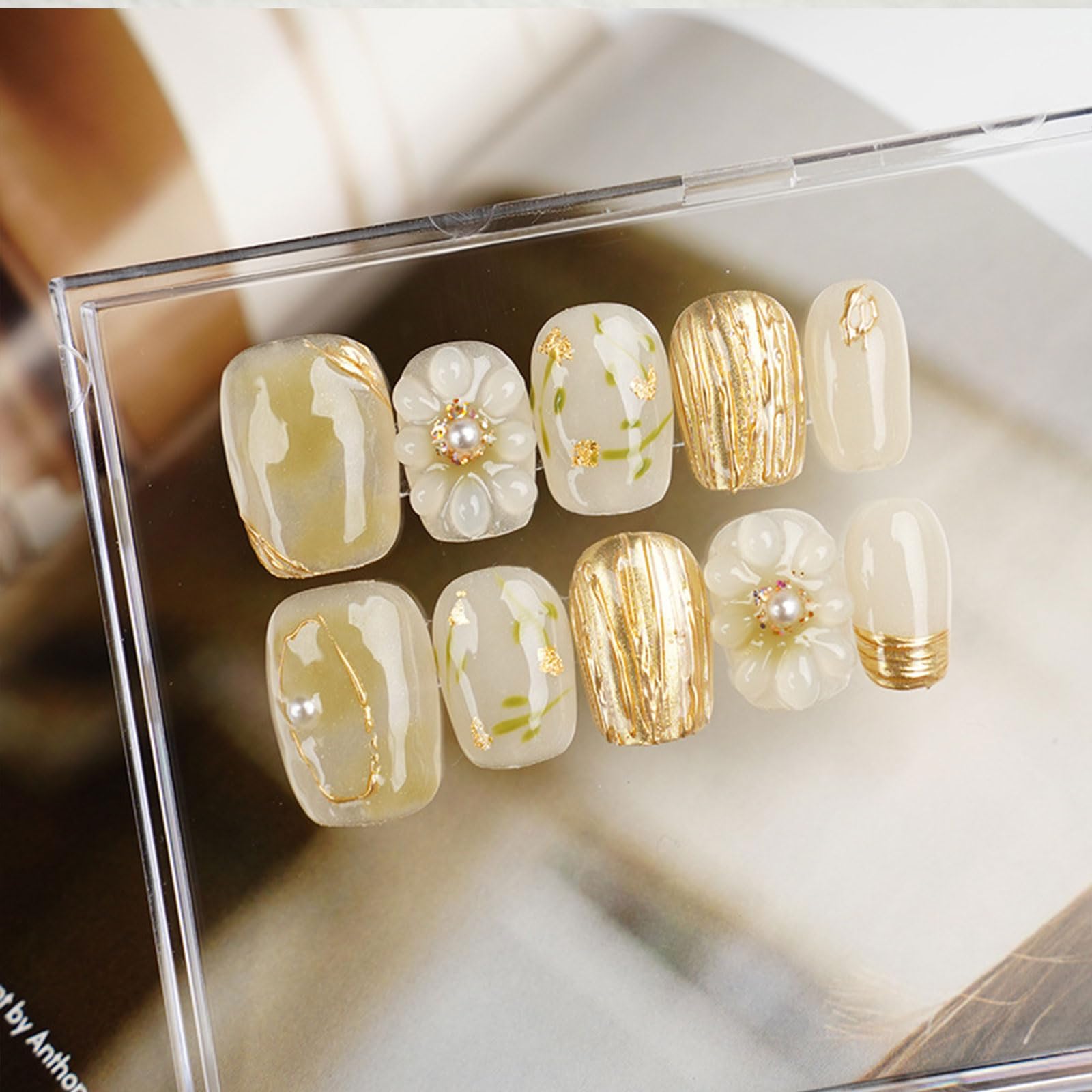 Nail Tips Short Short Autumn Winter Long Sleeve Handmade Yellow Japanese Style Japanese Pattern Handmade Gold Coming-of-Age Ceremony Finger Suit False Nail Flower Cute Korean (Handmade Nail-7