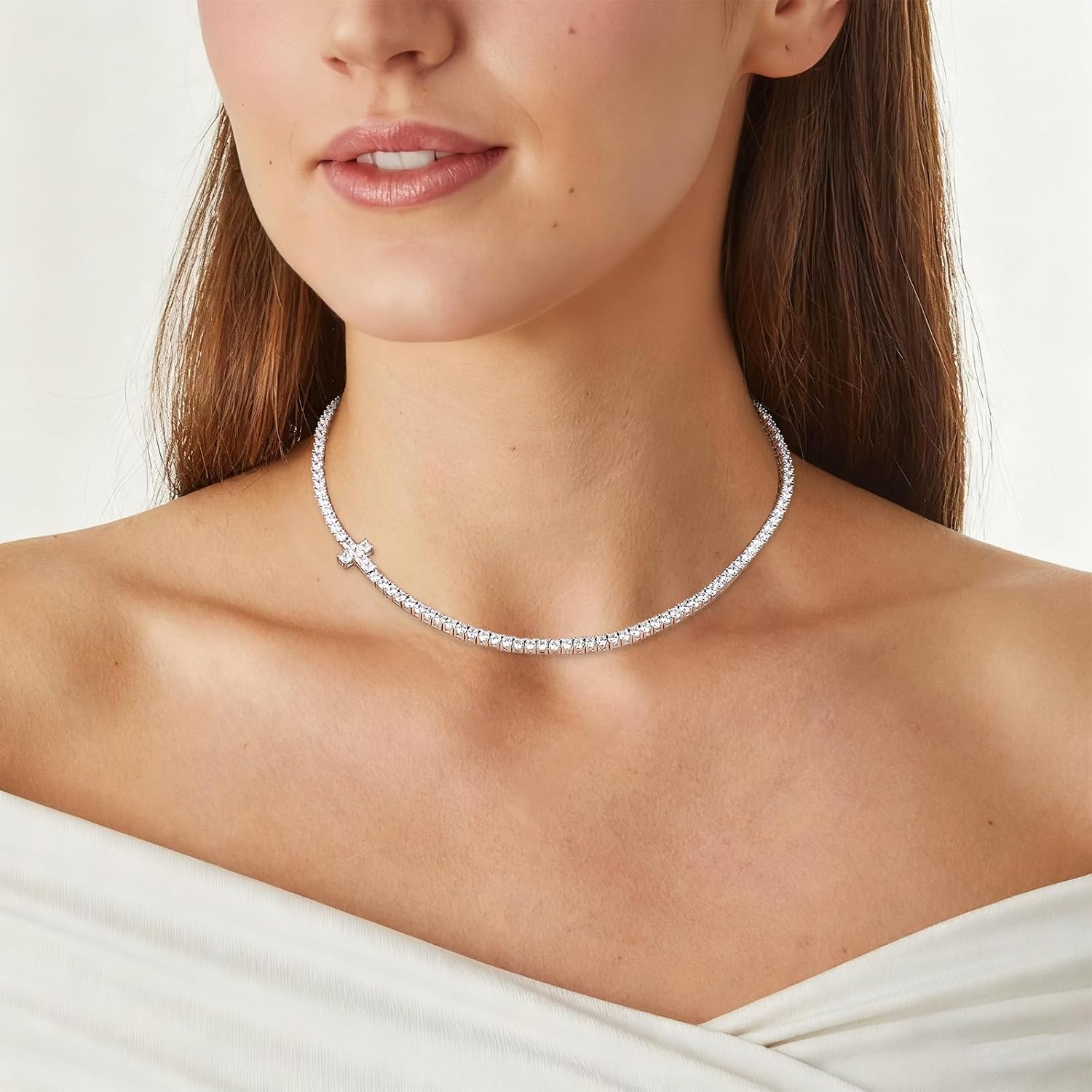 BREN Tennis Necklaces for Women - Gold Plated Cross Necklace Tennis Chain - 3.0mm AAAAA Cubic Zirconia Tennis Necklace for Women Men 16-20inch