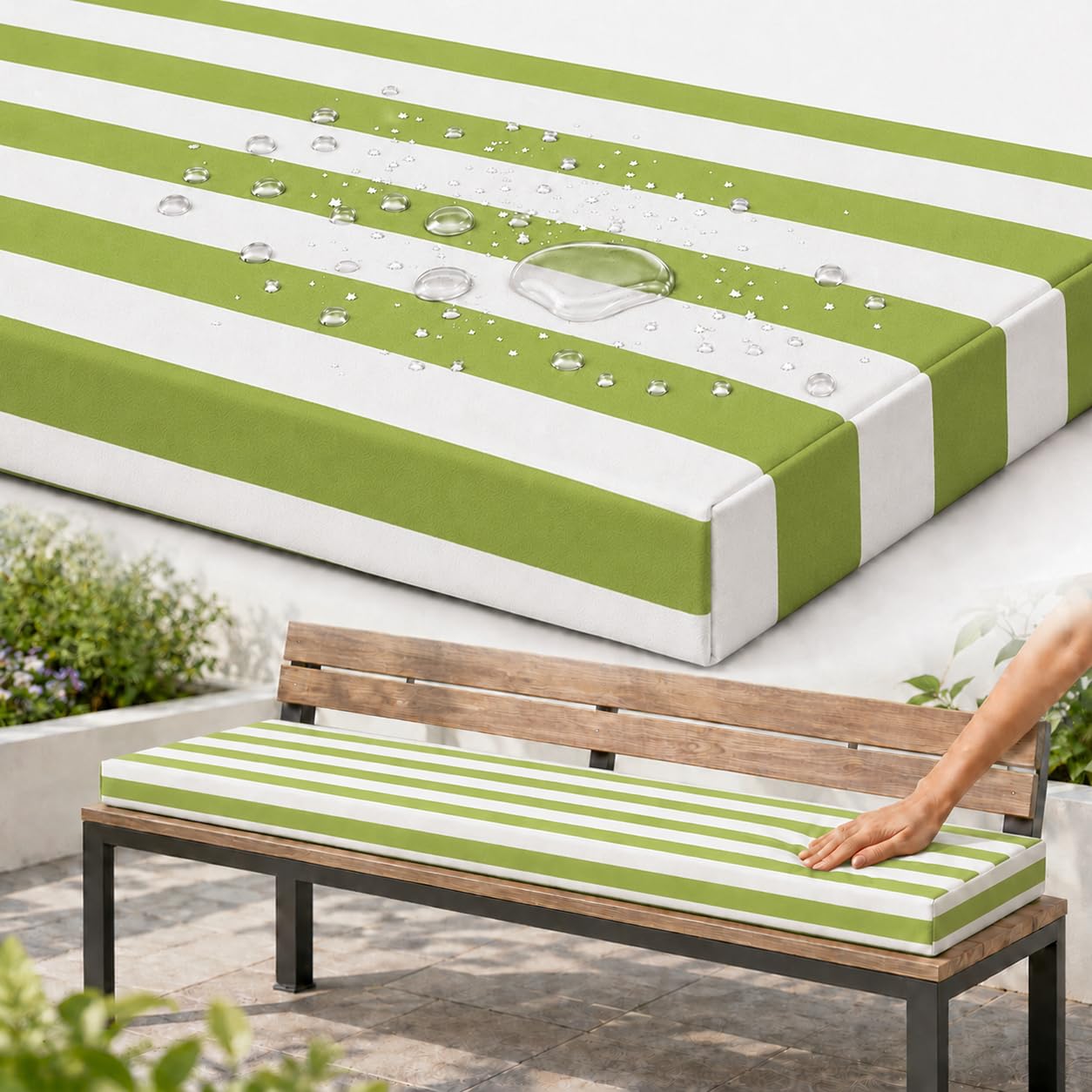 AZMAHT Bench Cushion Outdoor, Garden Bench Cushion with Waterproof Polyester Cover, 50D Foam, Non-Slip Base, 2 Ties, Removable Zip Cover for Patio, Bay Window, Garden Swing,Green Stripes 2,110x30x5cm