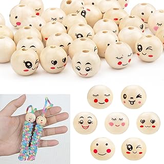 140 Piezas Cuentas de Madera con Cara, 20mm Bolas de Madera para Manualidades, 7 Estilos Redondas Bolas con Agujero, Abalorios Natural para Pulseras Collares Macrame