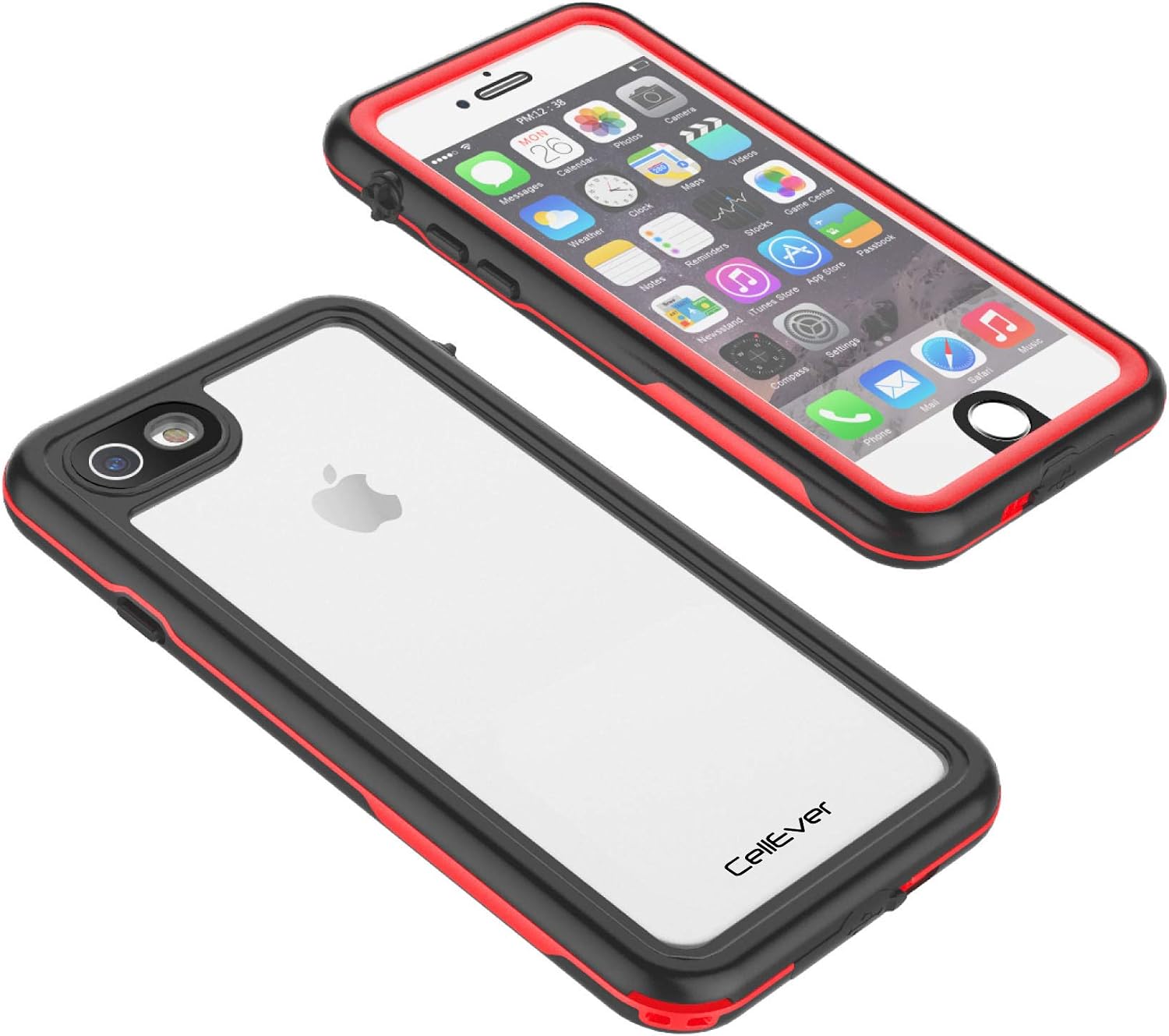 CellEver Waterproof Case for iPhone SE 2020 / iPhone 8 / iPhone 7, 4.7-Inch, Clear Waterproof IP68 Certified Shockproof Sandproof Snowproof Full Body Sealed Protective Transparent Cover KZ (Red)