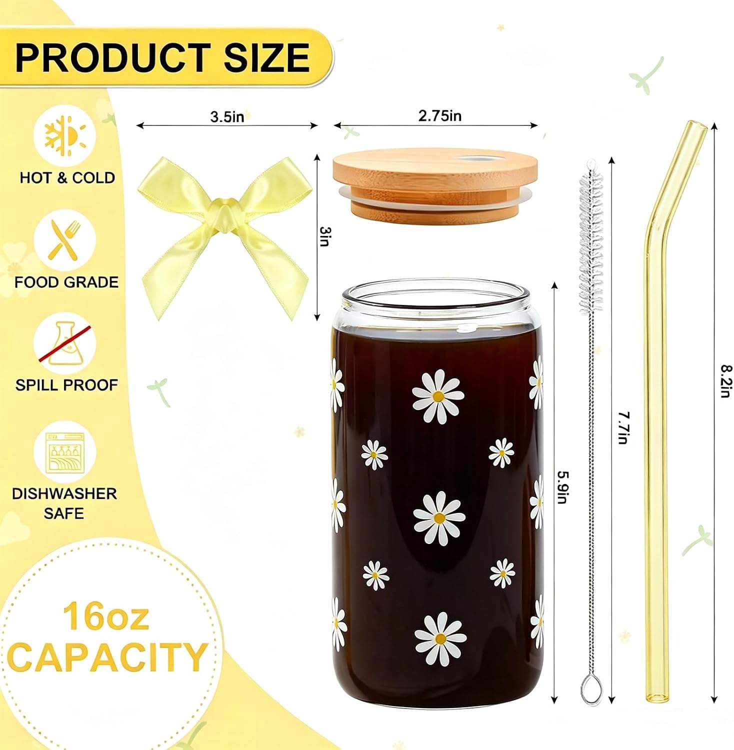 Cute Glass Cups with Lid Straw, Daisy Birthday Gifts Coffee Cup image 3