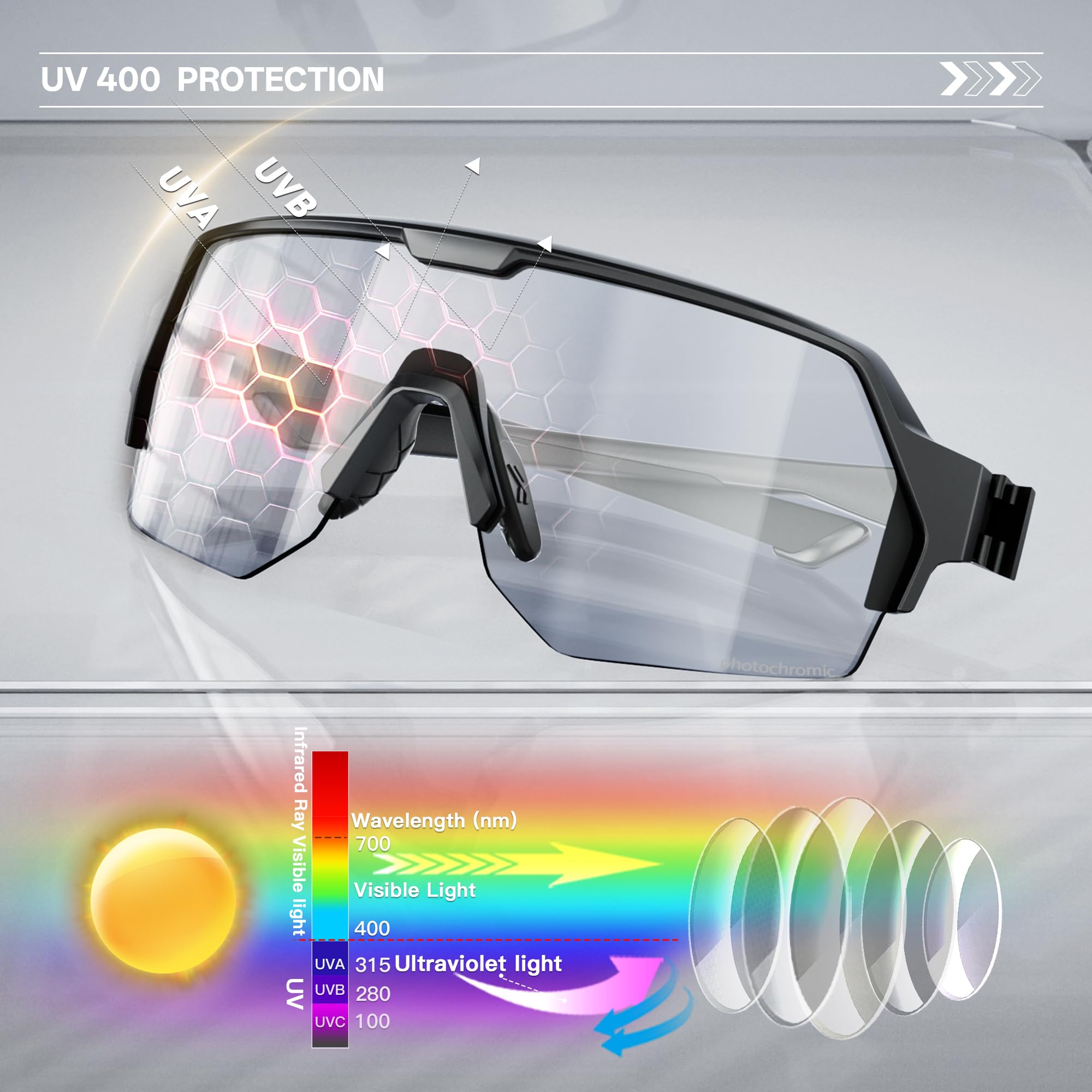 KAPVOE Fahrradbrille SelbsttöNend für Herren Damen Photochrome Radsportbrille Sonnenbrille mit UV400 Schutz Sportbrille für Fahrrad Mtb Unisex K360