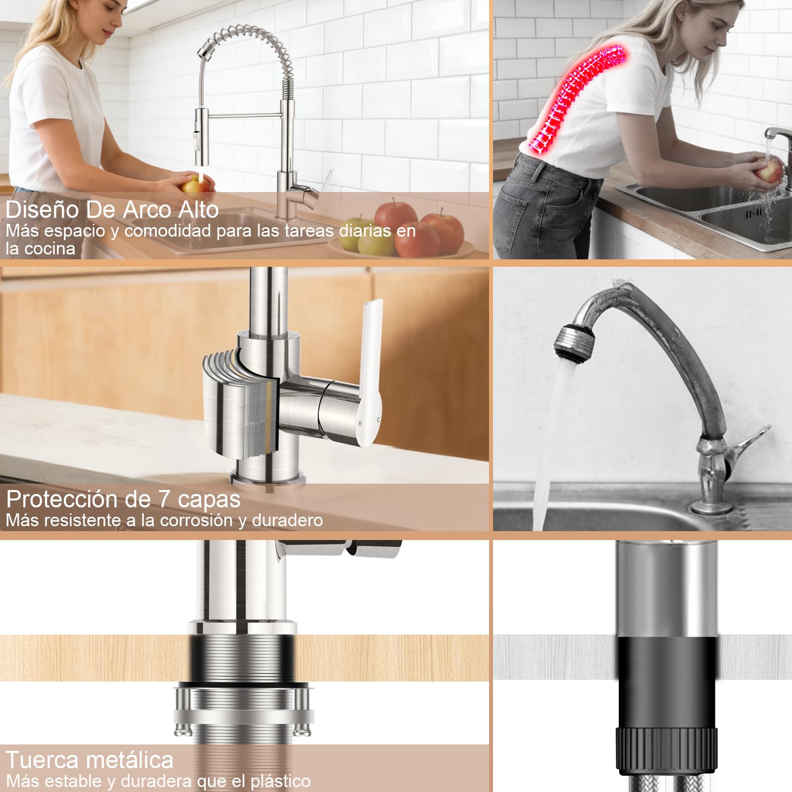 Grifo Cocina, Moderno Grifo Cocina Extraible con Ducha de 2 Modos y 360° Giratorio, Caño Alto para Grifos Cocina Fregadero, Mezclador Monomando, Acero Inoxidable Cepillado