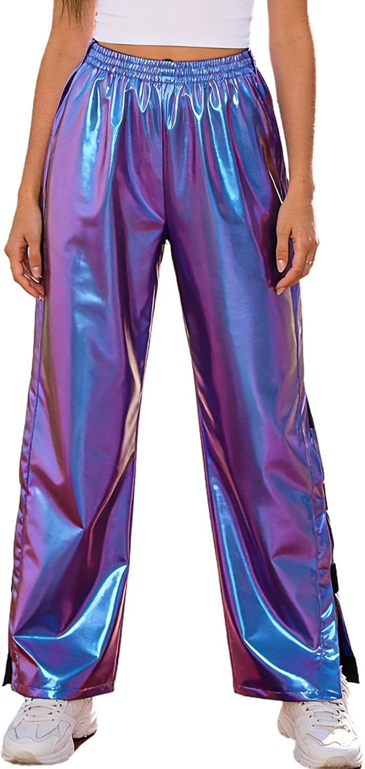 dPois Womens Shiny Jazz Dance Pants Tear Away Full Side Hook-and-Loop Hip Hop Streetwear