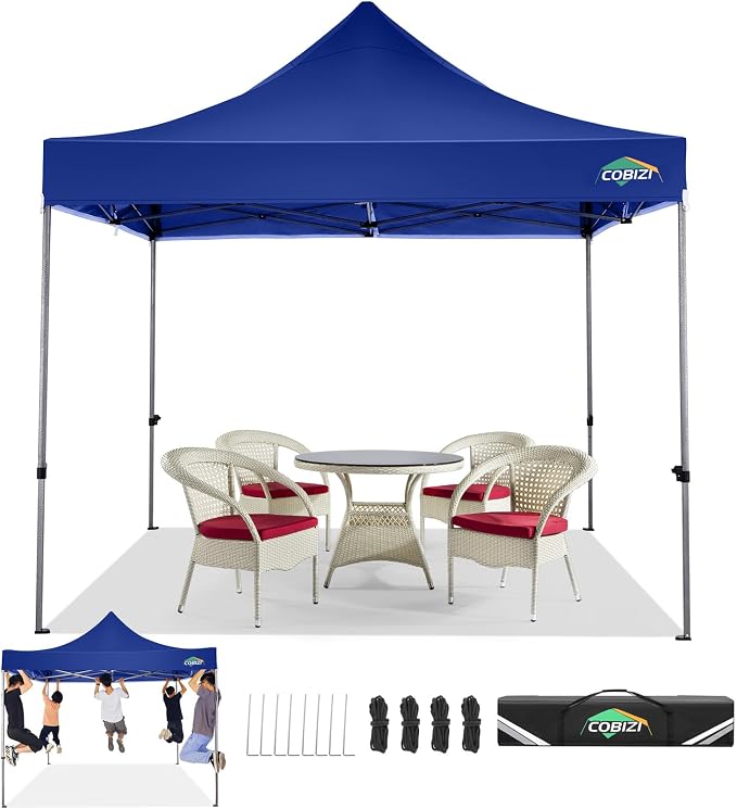 10x10 Ft Instant Pop Up Canopy Tent - One-Button Setup, Includes Roller Bag, Weights & Stakes, Blue