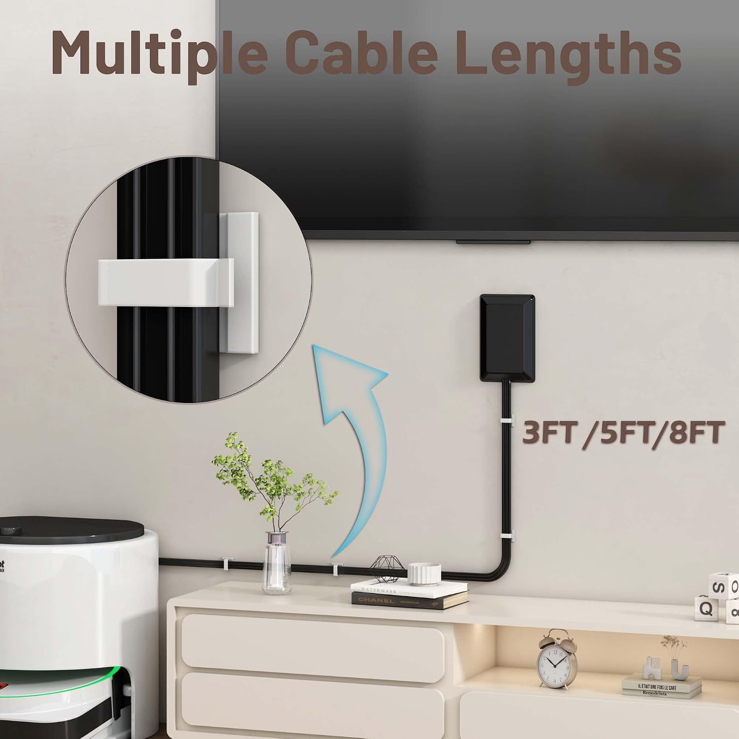 8FT Flat Plug Extension Cord with Cord Concealer Kit,3 Outlet Power Strip,Wall Extension Cord with Flat Plug for Baby Protection,Universal Size for Home,Bathroom with ETL Listed,Black