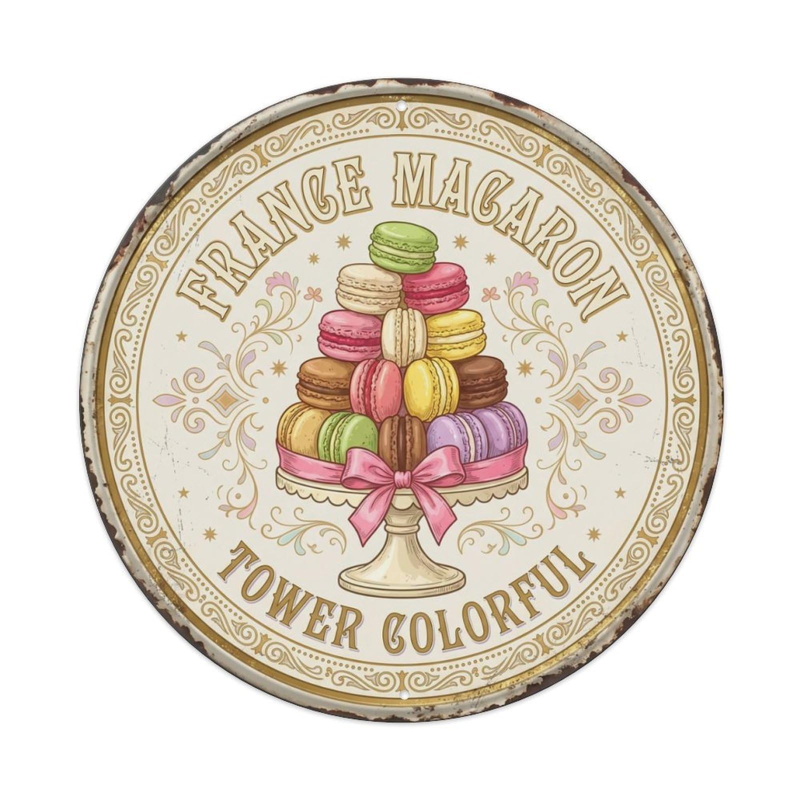 Macaron Tower Colorful France Pastry Metal Tin Sign Plaque Wall Decor for Cafe, Club Bar, Office, Home Garden Round Metal Poster 8x8Inch