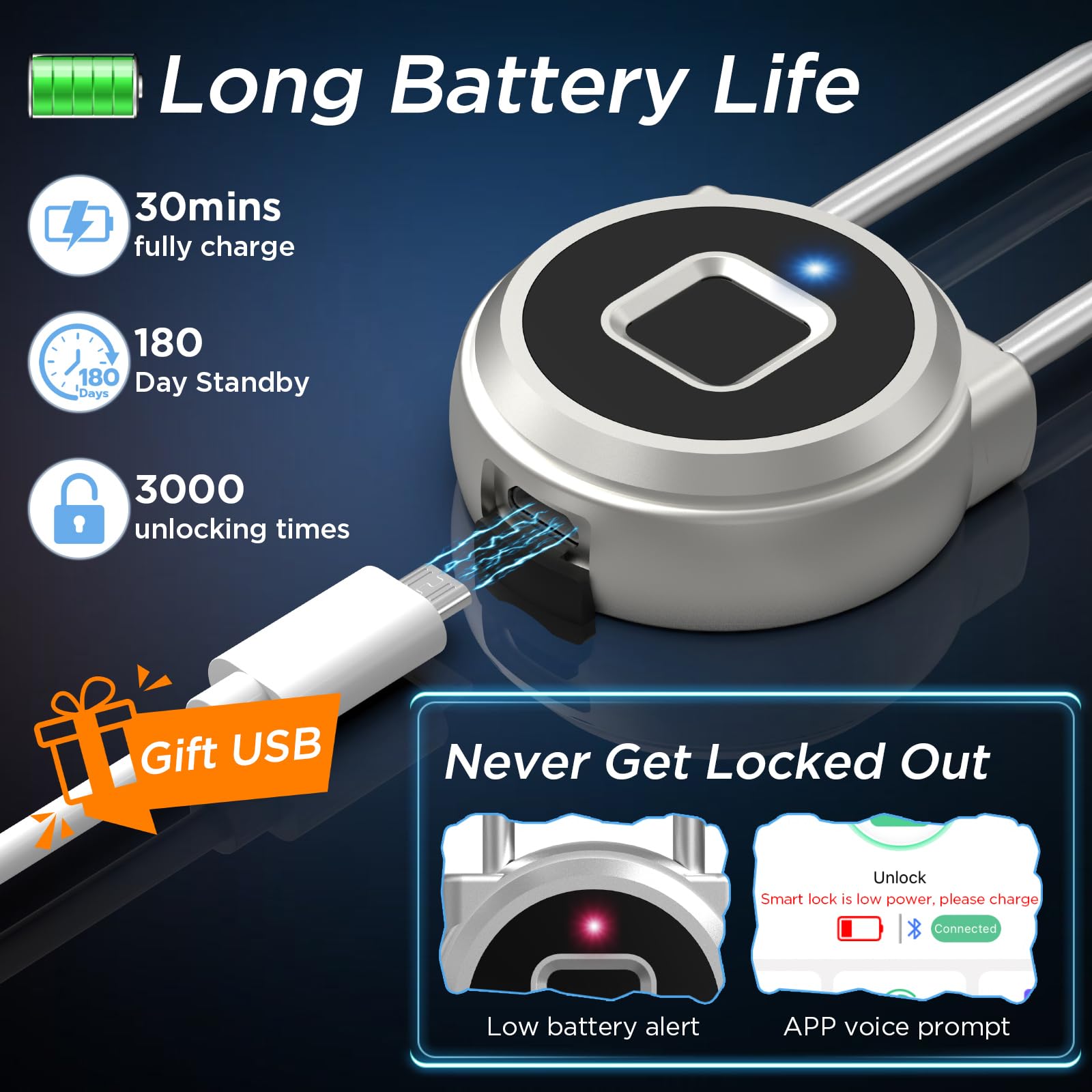 Cadenas à empreintes digitales – Cadenas intelligent biométrique en métal sans clé, étanche rechargeable par USB, casier de gym, bagages, sac à dos, valise