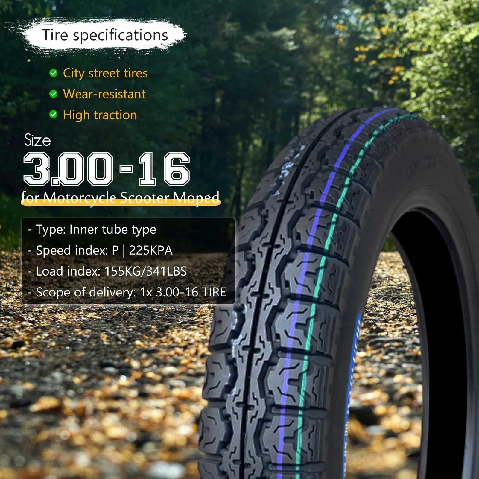 3.00-16 Opona Drogowa do Hulajnogi Przednia lub Tylnia, 3.00x16 Opona Terenowa do Minimoto, Wzór Uniwersalny, 43P 225KPA, Typ z Dętką