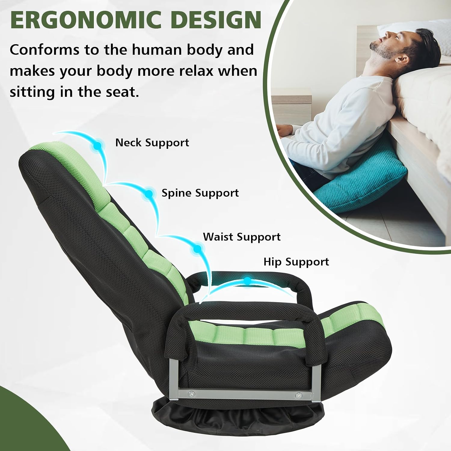 Swivel Gaming Chair Multipurpose Floor Gaming Chair for Gaming, TV, Reading w/6 Adjustable Postion Backrest, Armrest Lumbar Support & for Adults, Green
