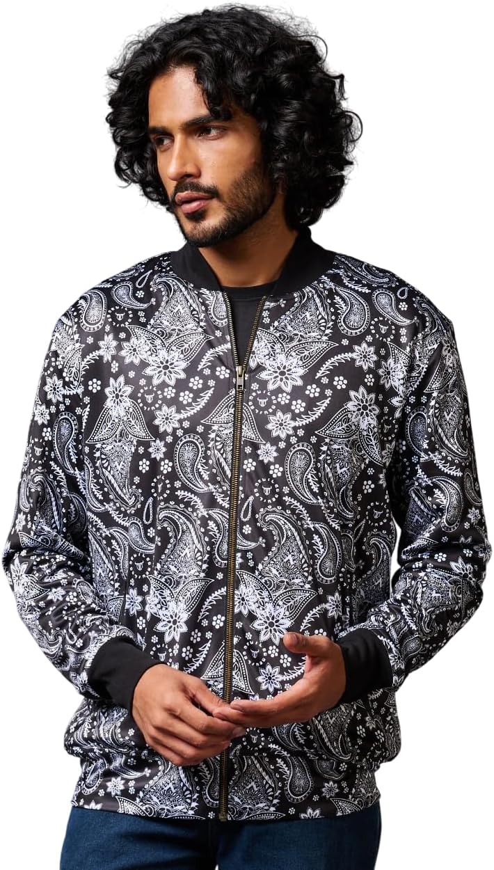 Go Devil Men's Bomber Jacket Paisely Design Floral Printed Stand Collar Long Sleeve Zip Up Unisex Sweatshirt Casual Outfits
