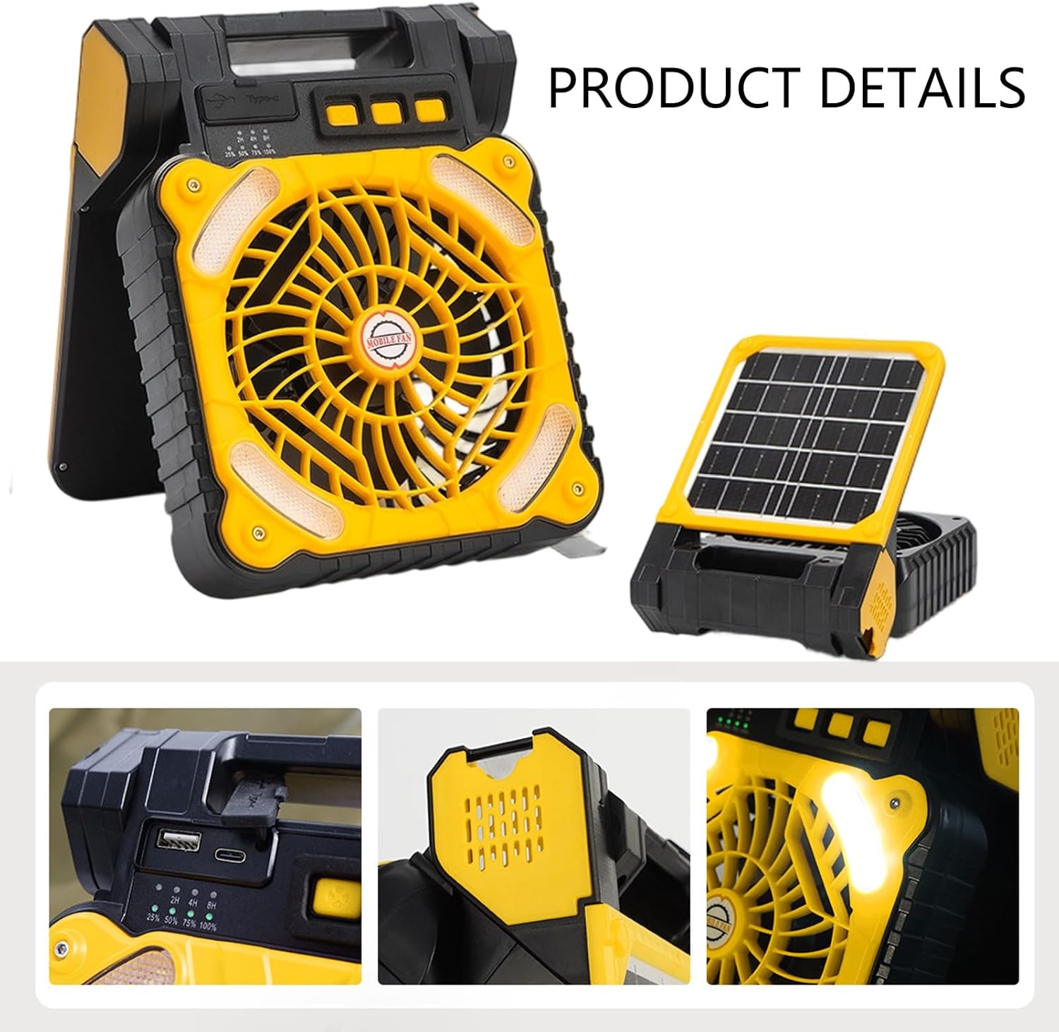 Solar Camping Fan 5200mAh Power with LED Light Rechargeable Battery Operated for Outside 4 Speed 2-8H Timer Power Camping