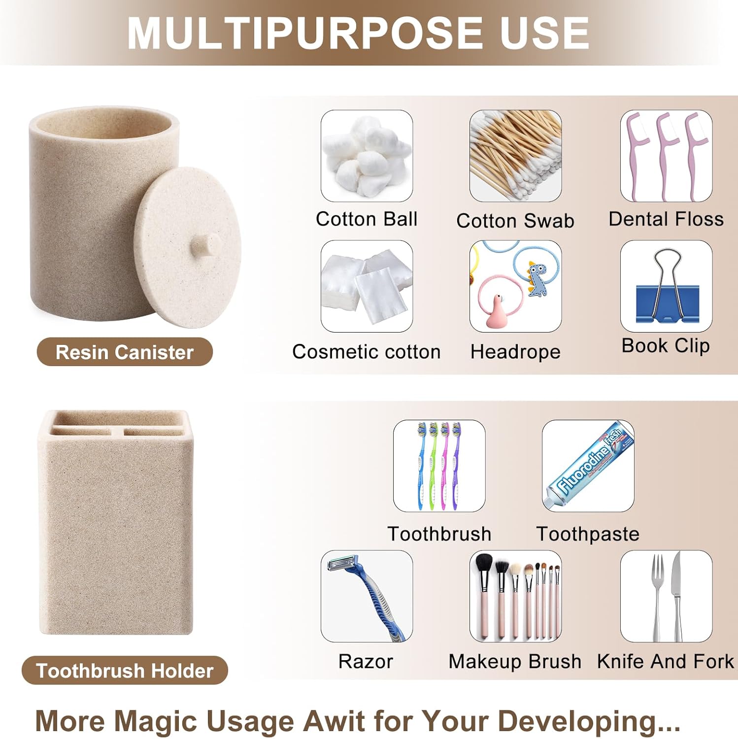 Resin 6 Pcs Beige Bathroom Set Complete with Toothbrush Holder, Lotion Soap Dispenser, 2 Qtip Holder Dispensers,Vanity Tray,Bathroom Tumbler - Countertop Vanity Organizer - Bathroom Accessories Set - Image 2