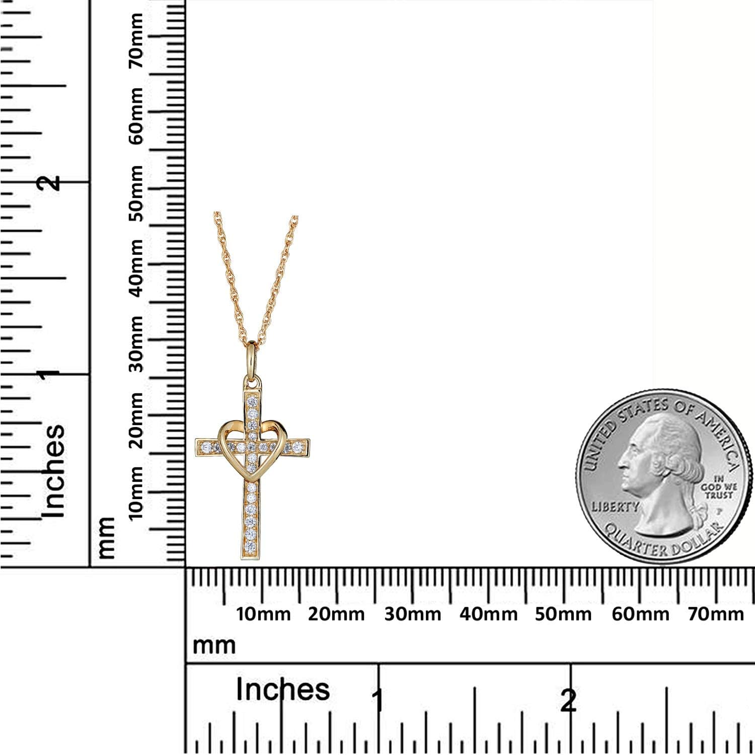 AVORA 10K Yellow Gold Simulated Diamond CZ Heart and Cross Pendant Necklace with 18" Chain