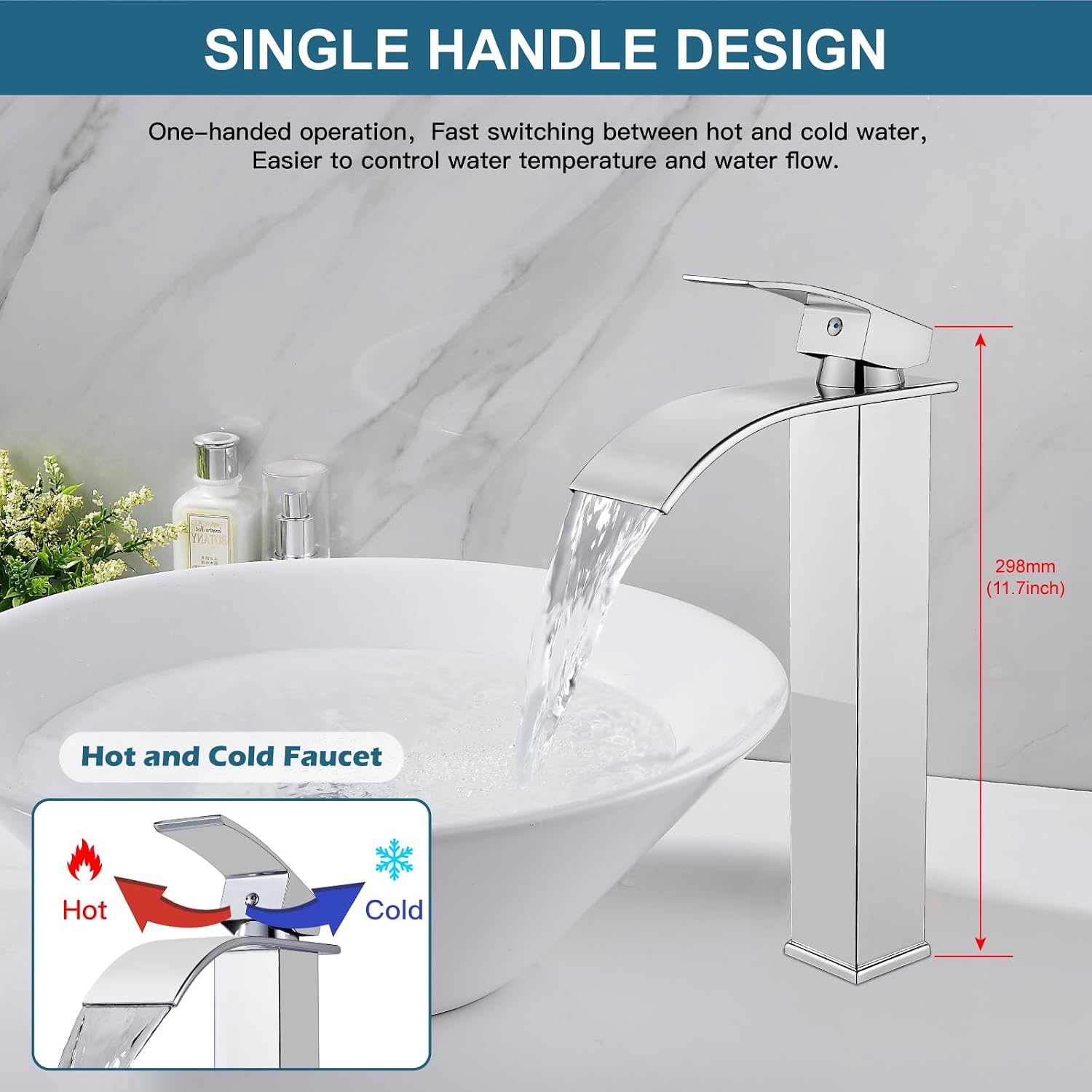Midanya Vessel Sink Facuet Waterfall Tall Bathroom Faucets Vanity Single Handle 1 Hole Modern with Pop-up Drain and Supply Hoses,Polish Chrome