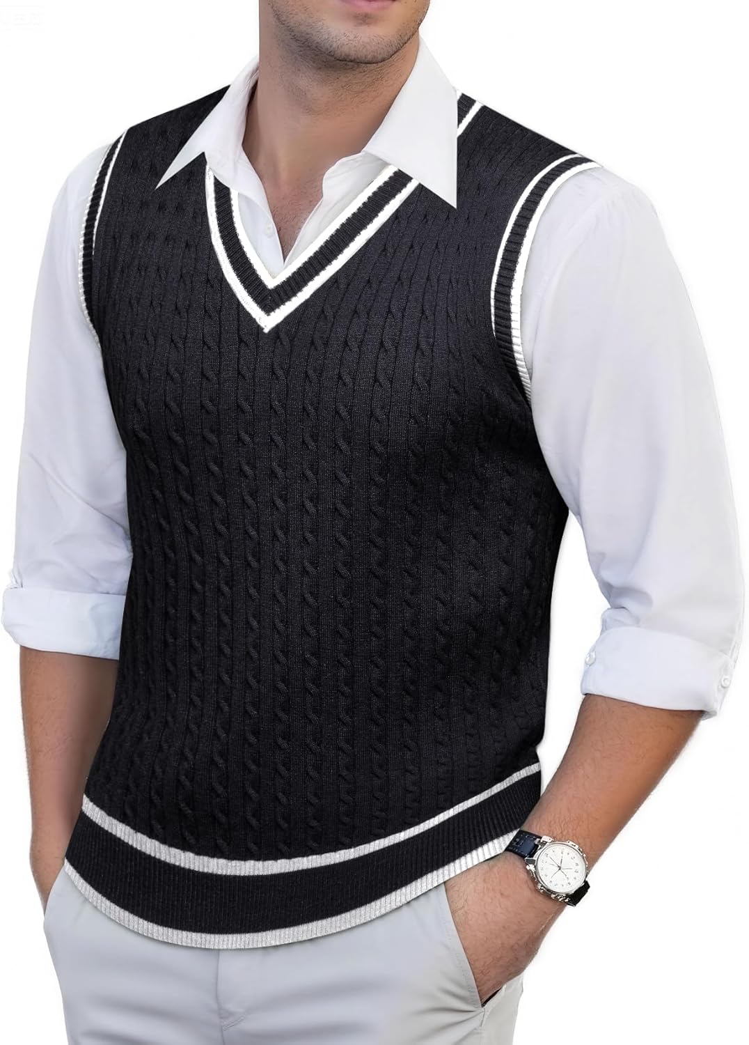 Barry.Wang Men's Sweater Vests Tie Set Silm Fit V-Neck Cable Knit Sleeveless Pullovers Sweaters Tops Waistcoat Casual 4PCS