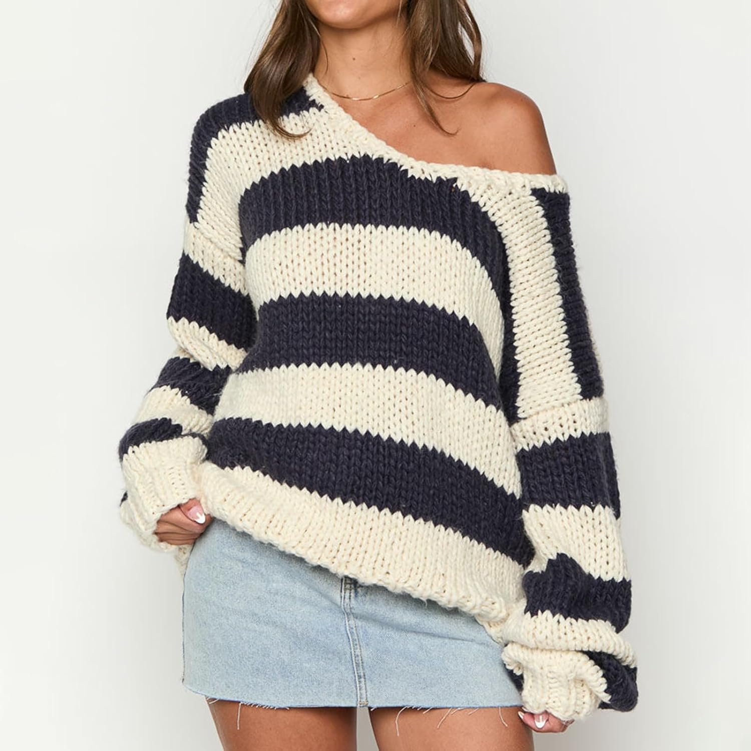 Women Striped Chunky Knit Sweater Drop Shoulder Long Sleeve V-Neck Oversized Sweater Pullover Loose Knit Jumper Top - Image 2