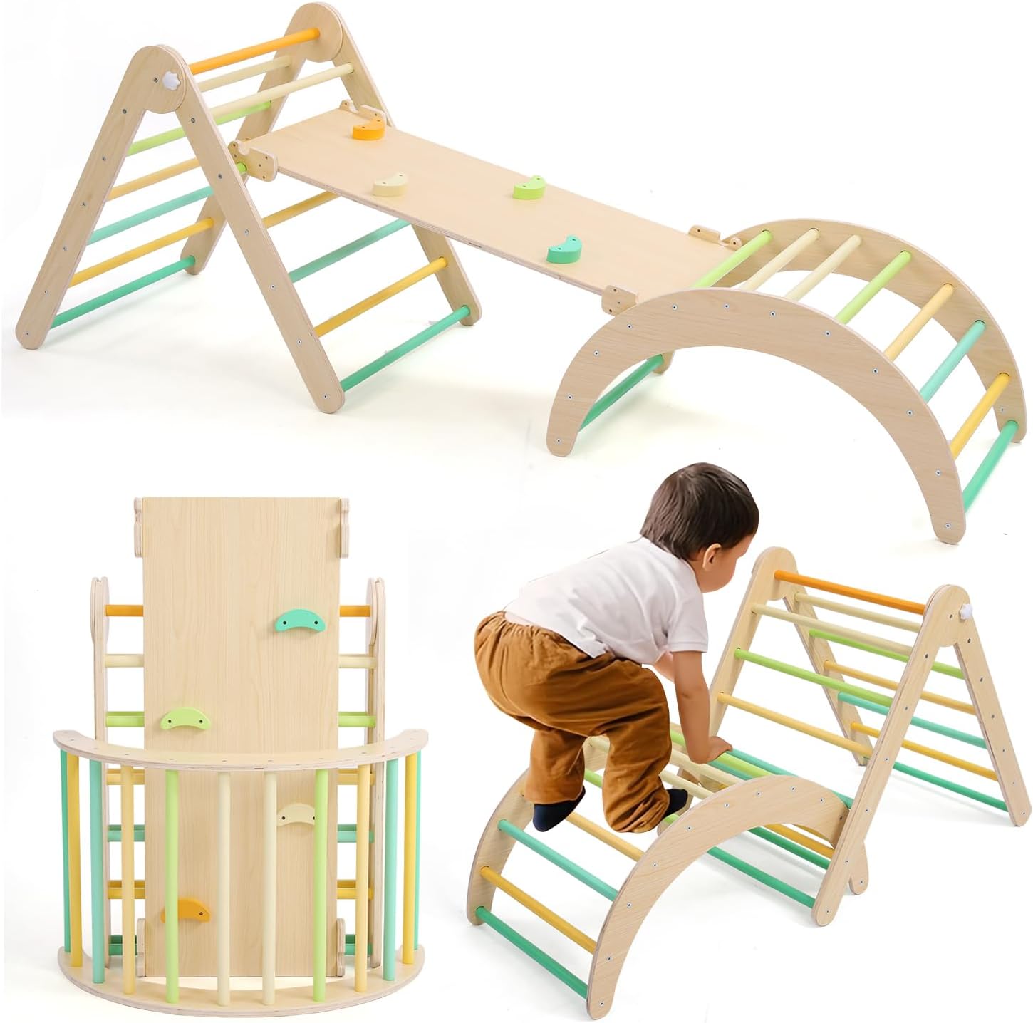 Amazon.com: KODMIS Pikler Traingle Set,7-in-1 Wooden Climbing Kits Toy ...