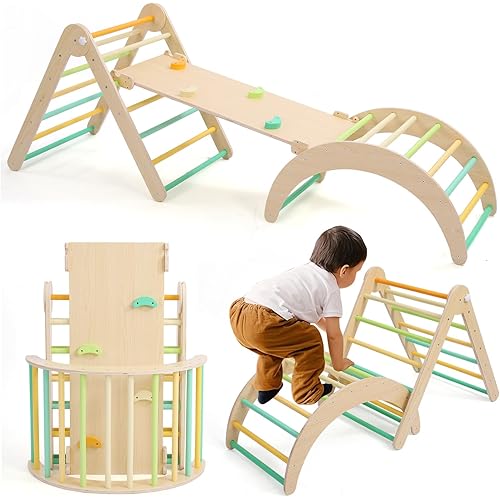Pikler Traingle Set 7-in-1 Wooden Climbing Kits Toy Foldable Montessori Toy Jungle Gym Playing Sets with Arch-Ramp-Ladder Indoor Climber(Climbing Sets)