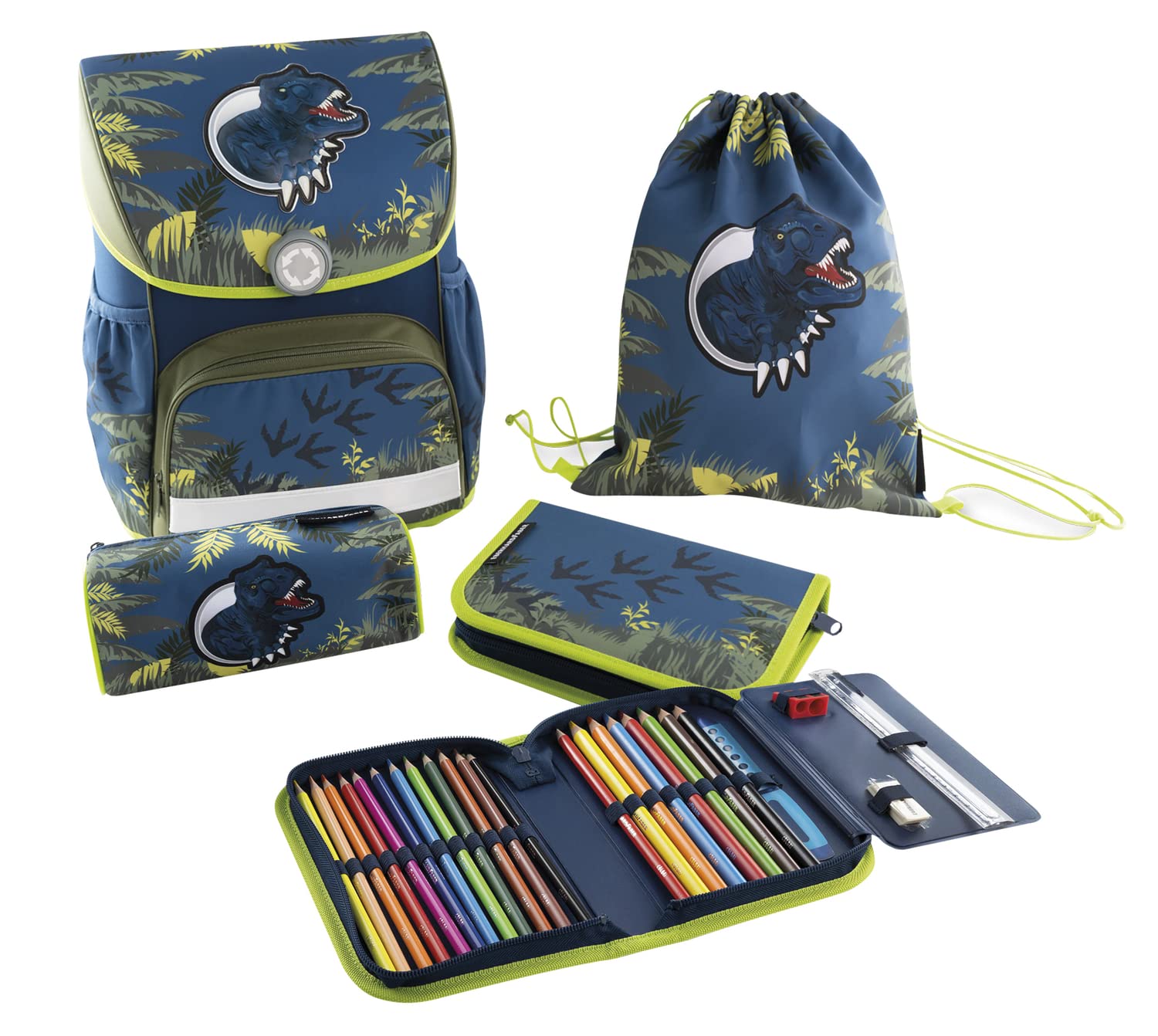 Eberhard Faber 577651 - Schulranzen Set Dinosaurier, EFAlino, 4-teilig, mit Schulrucksack, Schüleretui, Schlamperrolle und Turnbeutel