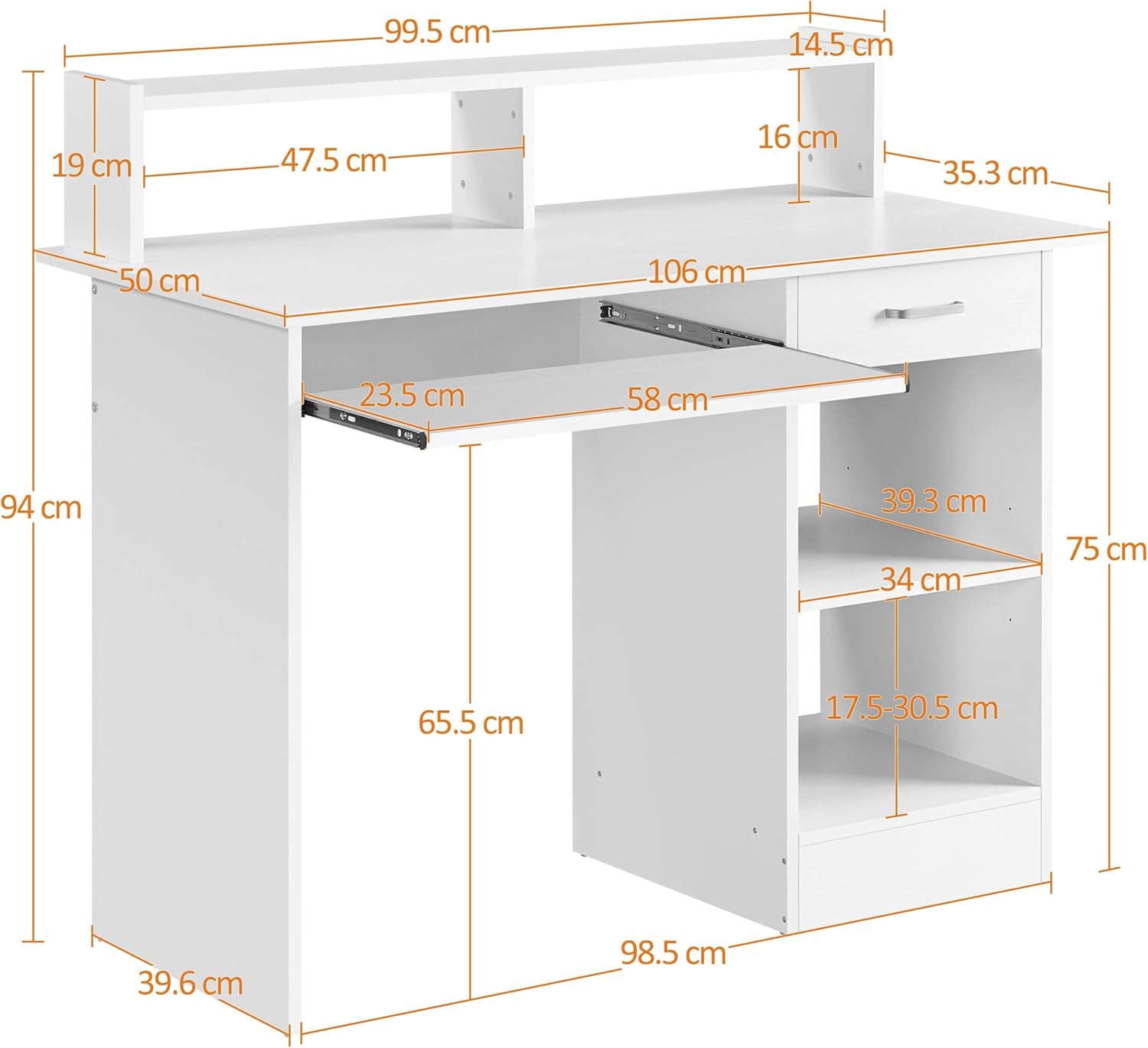 Детальна схема, що показує всі розміри комп'ютерного столу Yaheetech у сантиметрах, включаючи висоту, ширину, глибину та внутрішні виміри полиць і шафи.
