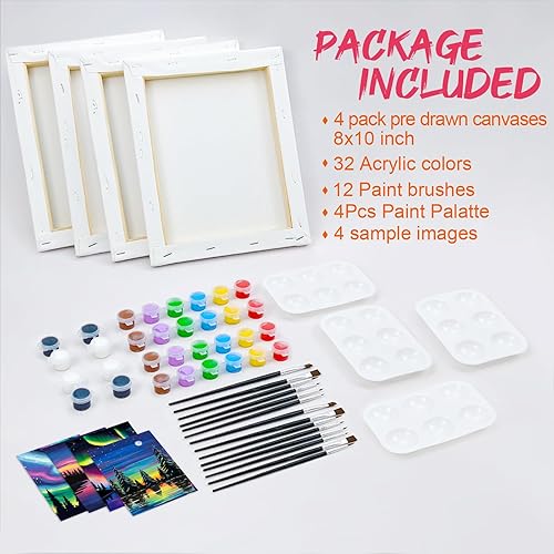 Miniatura 6 de Paquete de 4 lienzos de 8 x 10 pulgadas, lienzos estirados predibujados para pintar para adultos y niños, juego de pintura para fiestas, contorno
