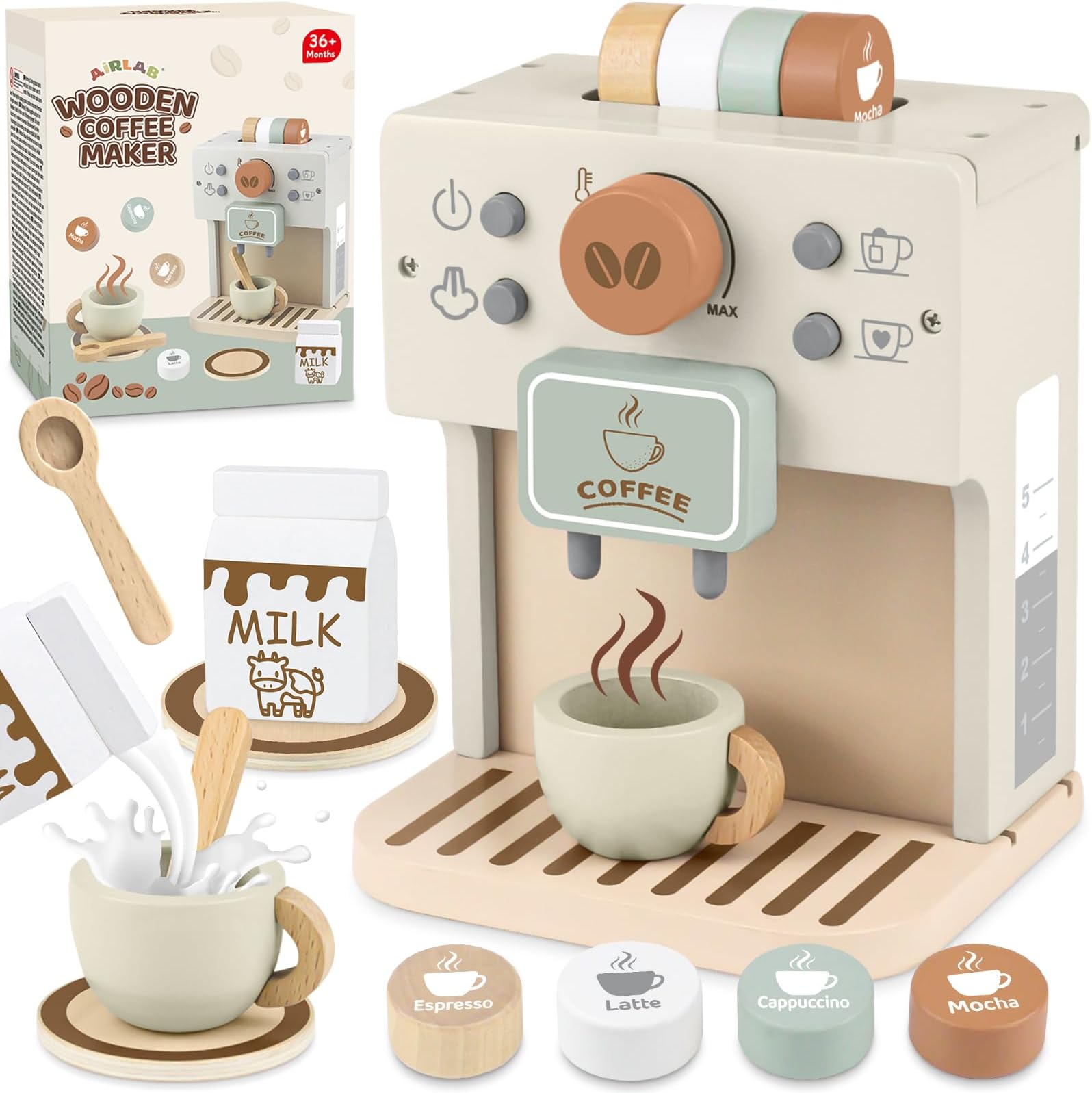 Airlab Wooden Coffee Machine Toy for Kids, Pretend Play Kitchen Accessories