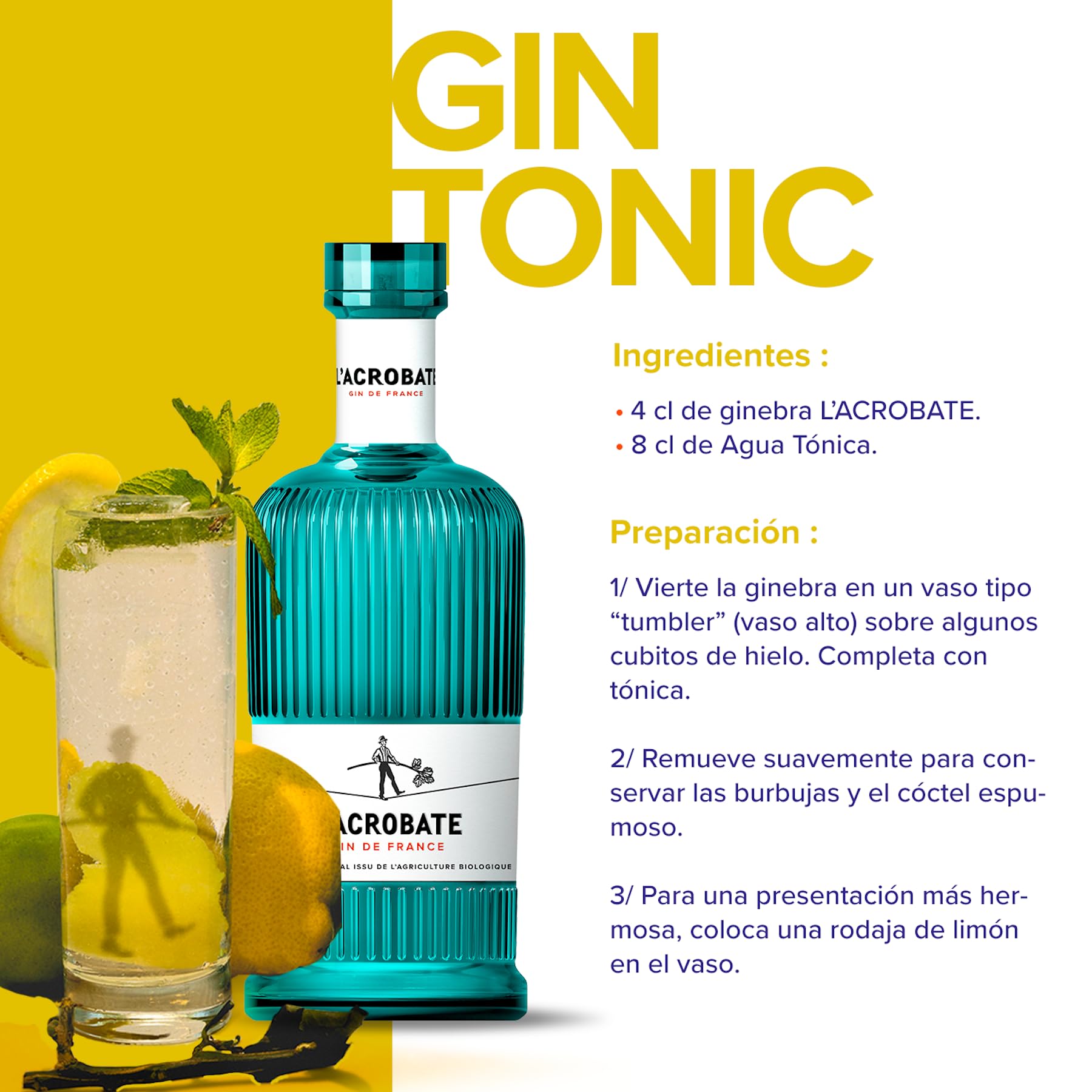 L'ACROBATE - Gin Bio - Gin Artesanal Francés - Origen Francia - Medalla de Oro 2021 Concours Mondial de Bruxelles - 44% De Alcohol - Botella 700 ml