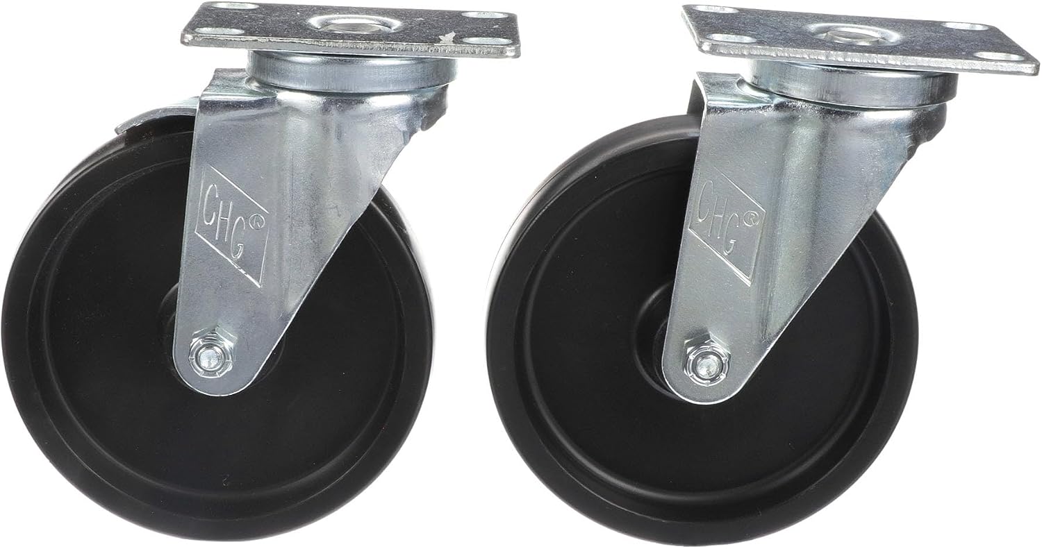 Medium Duty Plate Caster Kit - 2-3/8" x 3-5/8" Plate, 5" Black Polyolefin Wheel, 2 Brake and 2 Non-Brake Casters