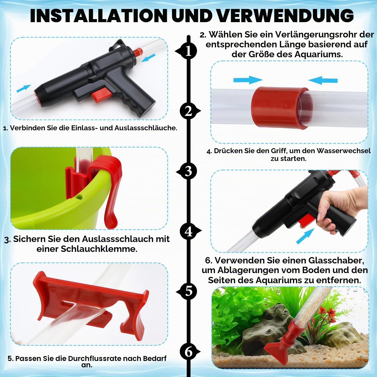 Mulmsauger Aquarium Handbetriebener, 4 in 1 Aquarium Reinigungsset, Nano Mulmsauger mit Schlauchklemme, für Wasserfilterung, Sandreinigung, Algenkratzen und Kotabsorbieren