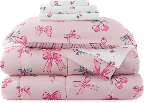 Berkshire LIG Printed Reversible Microfiber Comforter Set7-Piece, Ultra Soft All-Season Bedding, Wrinkle & Fade Resistant, Queen, Cherry Bows Blush