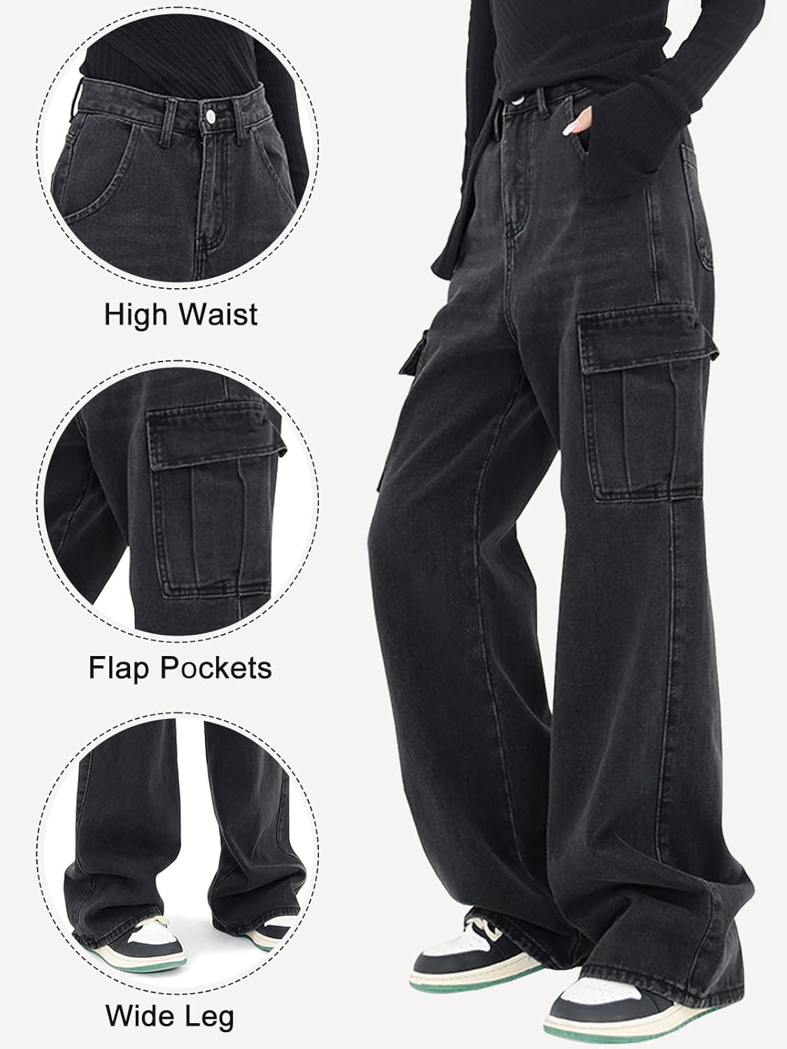 LONGYIDA Women's High Waisted Cargo Jeans Straight Wide Leg Stretch Baggy Jean Y2K Casual Loose Denim Cargo Pants Trousers - Image 4