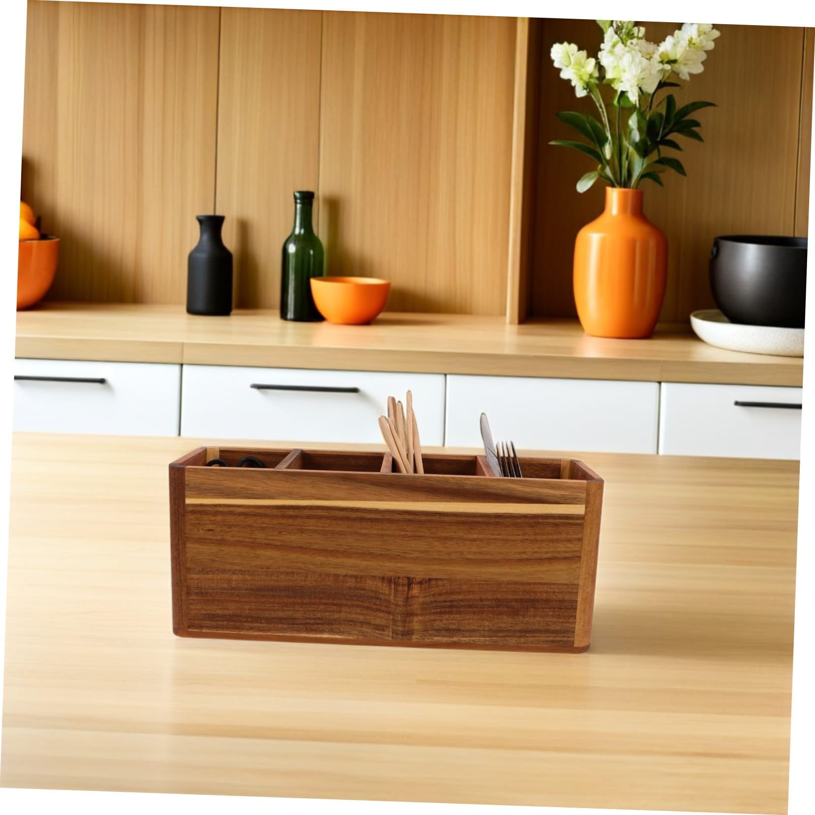 Cabilock Porte-ustensiles de Cuisine avec Compartiments Organiseur de Couverts Rustique pour Plan de Travail Rangement Compact pour Outils de Cuisine