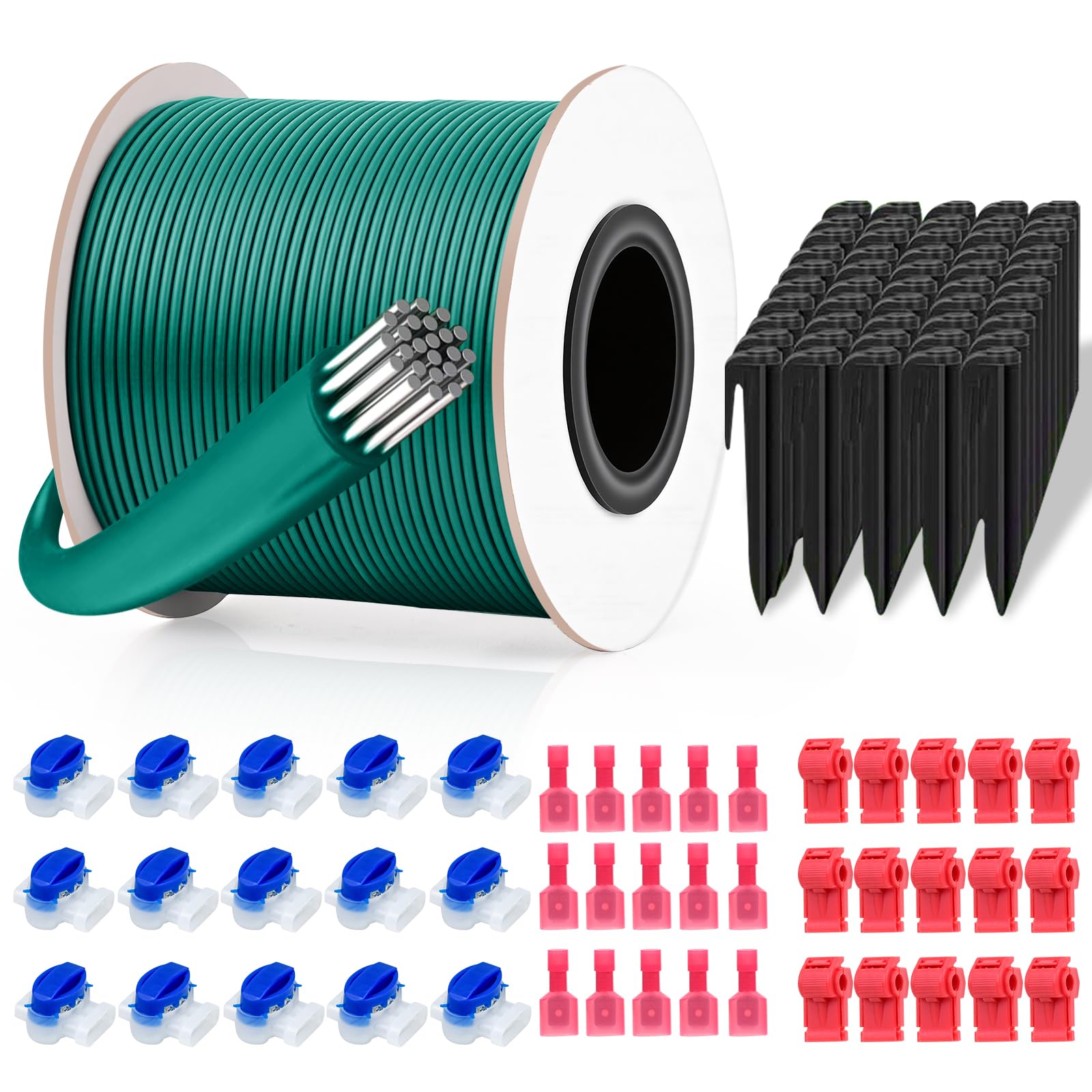 Cable Robot Tondeuse 100m + 50 Piquets + 15 Connecteurs de Câble + 15 Bornes de Connexion, Cable Tondeuse, pour Tondeuse à Gazon Compatible avec Bosch Gardena Husqvarna Worx Stihl etc
