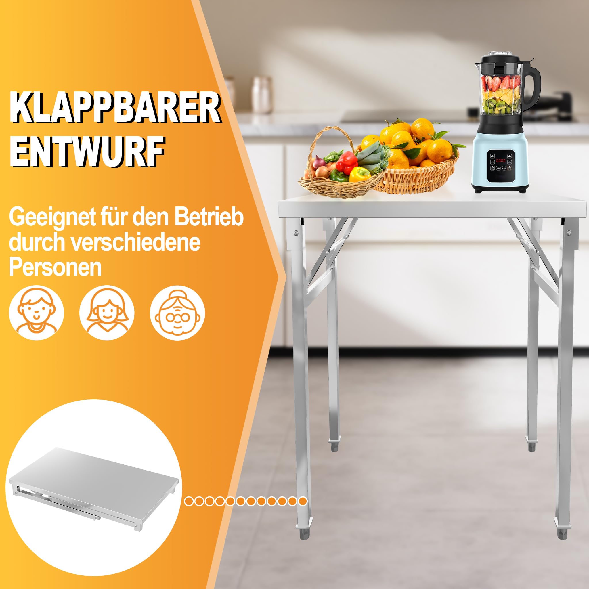 UISEBRT Mesa plegable de acero inoxidable con capacidad de carga de 300 kg y patas ajustables ajustables, mesa de trabajo plegable, mesa de cocina, para gastronomía, cocina, bar, restaurante, 120 x 60