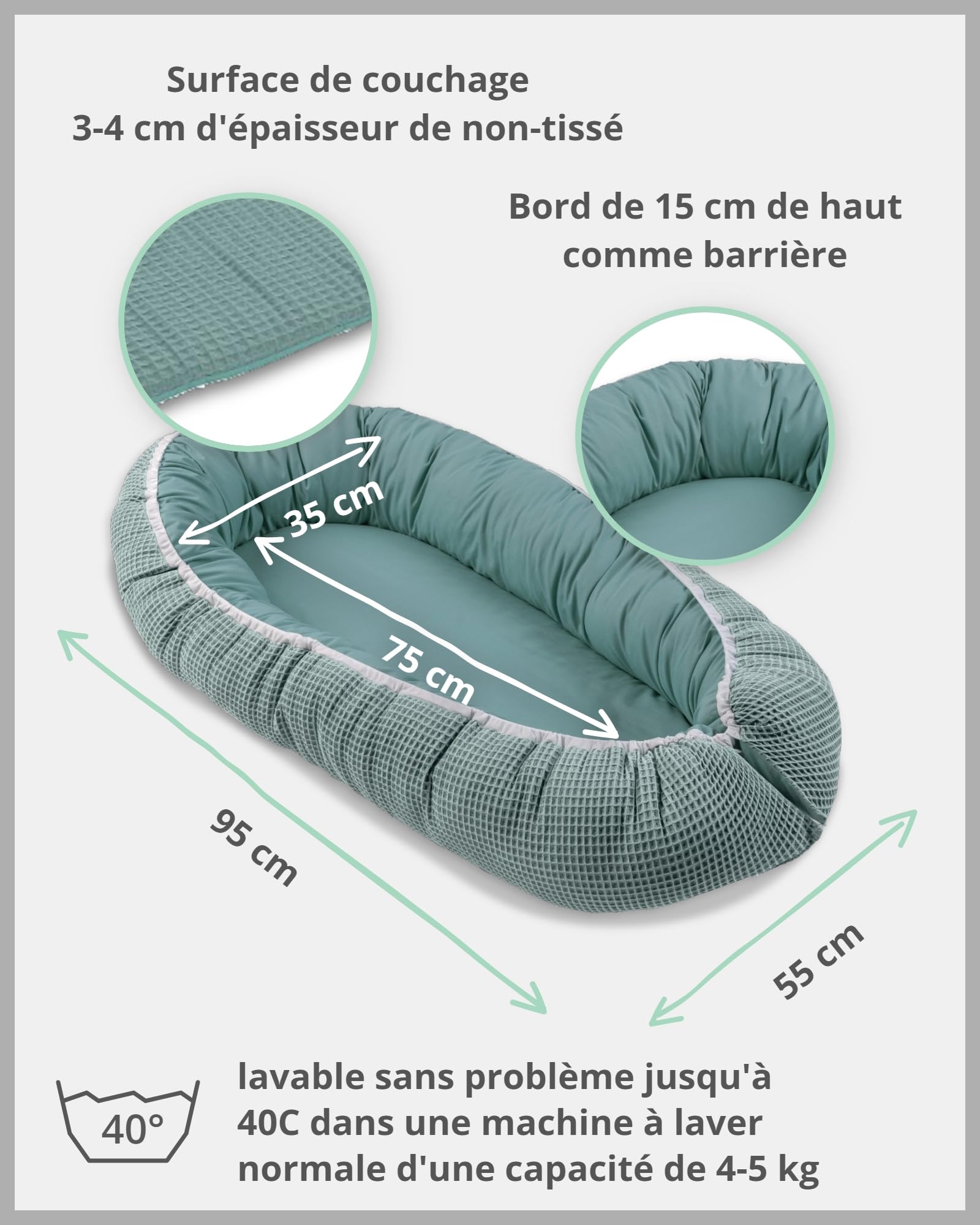 Réducteur lit bébé ULLENBOOM Vert sauge - 95x55 cm - Nid d’ange bébé Öko-Tex et fabriqué dans l'UE - motif baleines bleues – en coton douillet, convient comme lit de voyage ou cale bébé