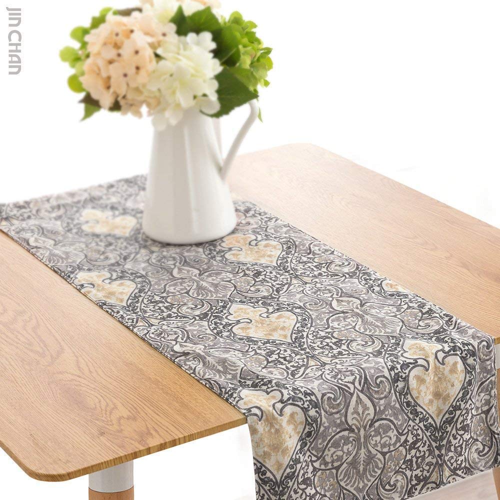 jinchan Linen Textured Table Runner for Kitchen Rustic Damask Medallion Printed Table Cover 13" Width x 72" Long 1 Panel Grey