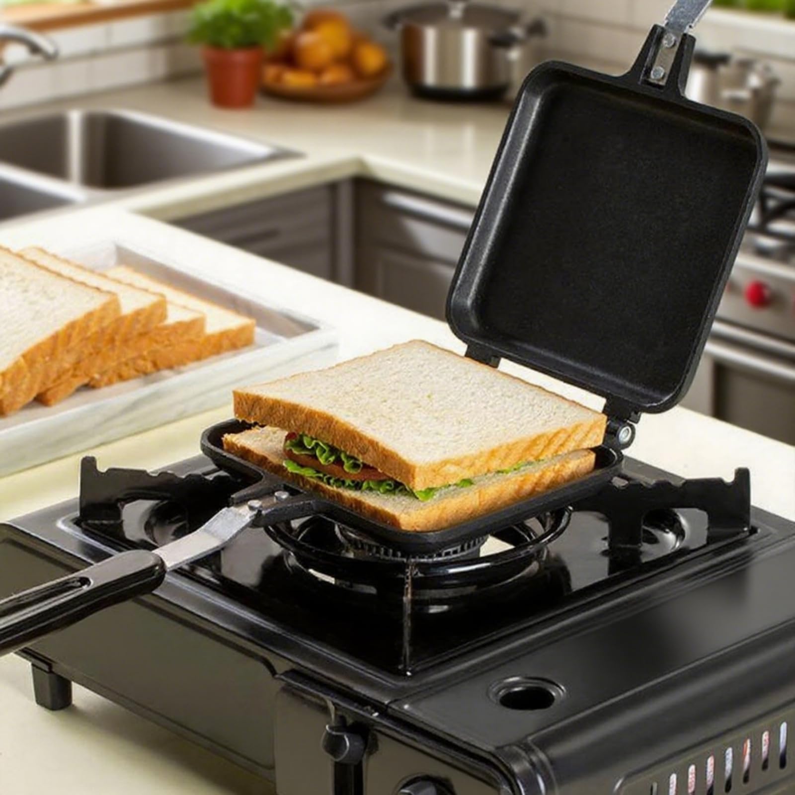 Máquina de sándwiches calientes, tostadora de sándwich a la parrilla, sartén antiadherente de doble cara para pan panini, queso, panini, desayuno, parrilla de sándwich para estufa, sartén 6